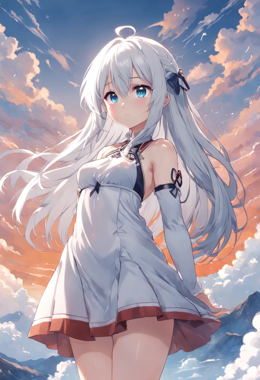 Woman with long white hair and blue eyes standing in the sky，Anime visuals of cute girls, Girl with white hair, perfect gray hair girl, white haired god, white  hair, Kantai Collection Style, anime clouds, young anime girl, anime moe art style, Anime Best Girl, (Anime Girl), an anime girl, white-haired girl，flowing white hair，Smaller chest，Sleeveless、Camisole，small tits, (8K, Raw photography, top-quality, ​masterpiece:1.2), (realisitic, Photorealsitic:1.37), ultra-detailliert, 1 rapariga, 独奏, cute little, Beautiful detailed sky,