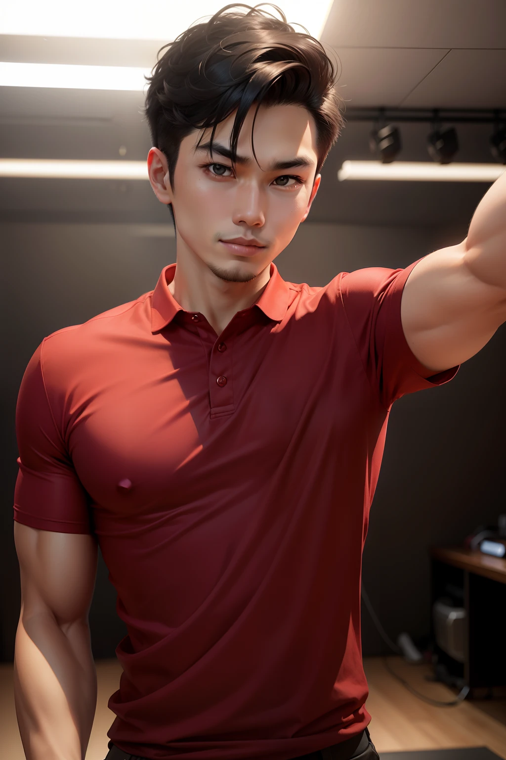 Generate a studio photograph featuring a 25-year-old Vietnamese male businessman. He dons a stylish red yody-branded collared t-shirt, radiating self-confidence. With outstretched arms, he embodies the demeanor of a charismatic TV host. The backdrop is professional and inviting, illuminated by well-crafted studio lighting that accentuates his presence. This headshot highlights his upper body and enthusiastic expression. Captured through digital photography, using a 35mm lens, studio lighting setup,