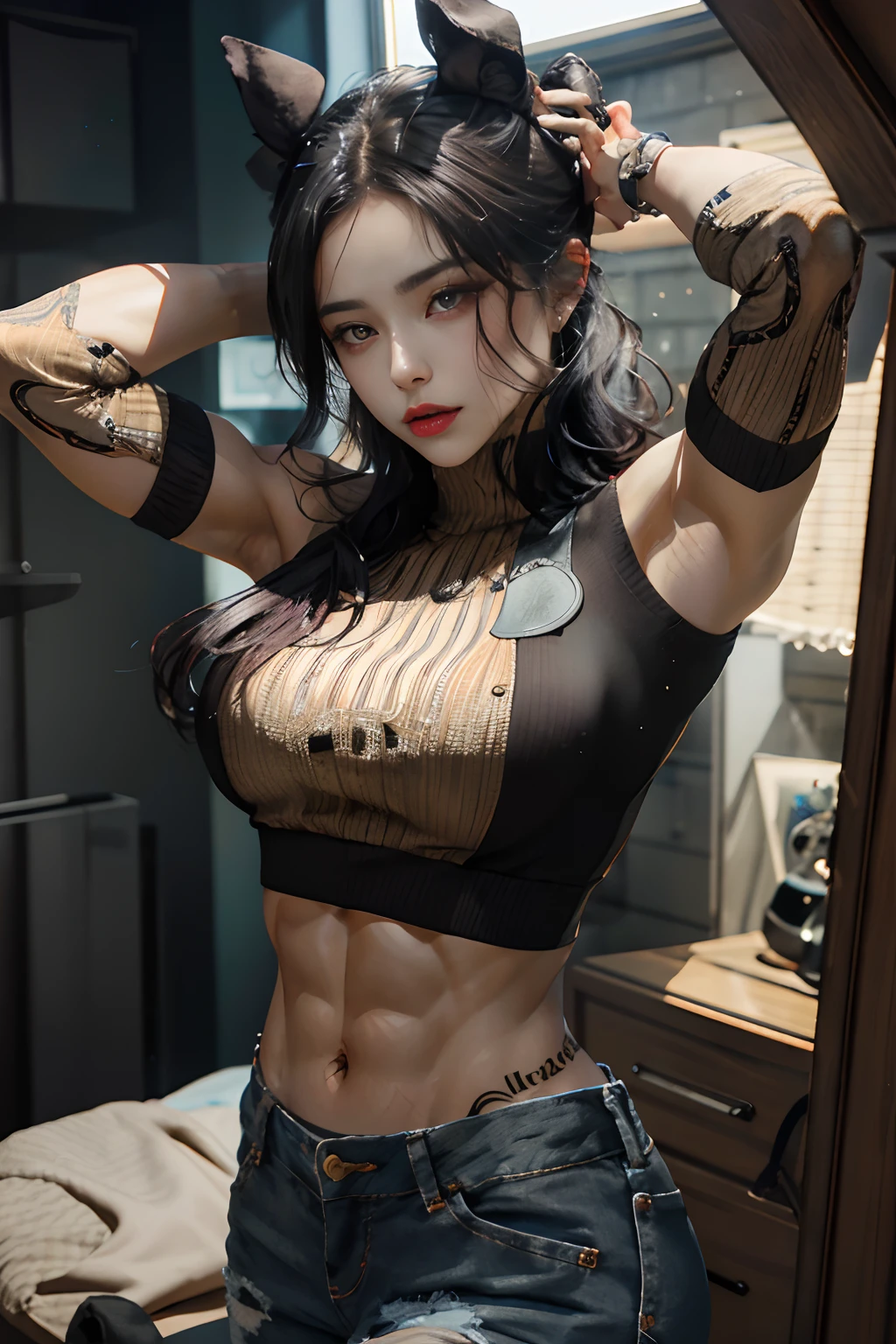 Kizi， By bangs， exposed bare shoulders， Black pantsuit， nedium breasts， Breasts squeezed together， greybackground， hair between eye，， long whitr hair， View viewer， trouser， parted lip， red eyes， The shirt， sandbeach， 无袖， sleeveless shirts， 独奏， high-necksweater， V臂， brunette color hair，（Shiny skin），（tmasterpiece：1.4），（best qualtiy：1.4），，，Facigirl，Redlip，Perfect abs，nabel，（：1.5），（Clear areola）， ，immensity，sweat leggs，