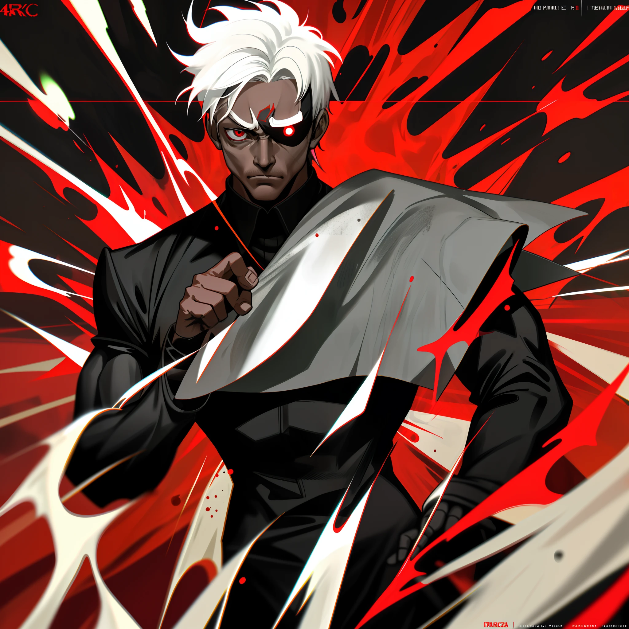 with short white hair,middle aged man,Naked upper body,Wearing a black-red tech eye patch on his face,Black pantsuit,Light black skin,There are red marks on the skin,There are also red marks on the face,More muscle,Muscles burst,Whiten eyes,brutalist,4K,Dingdall effect,Poster style