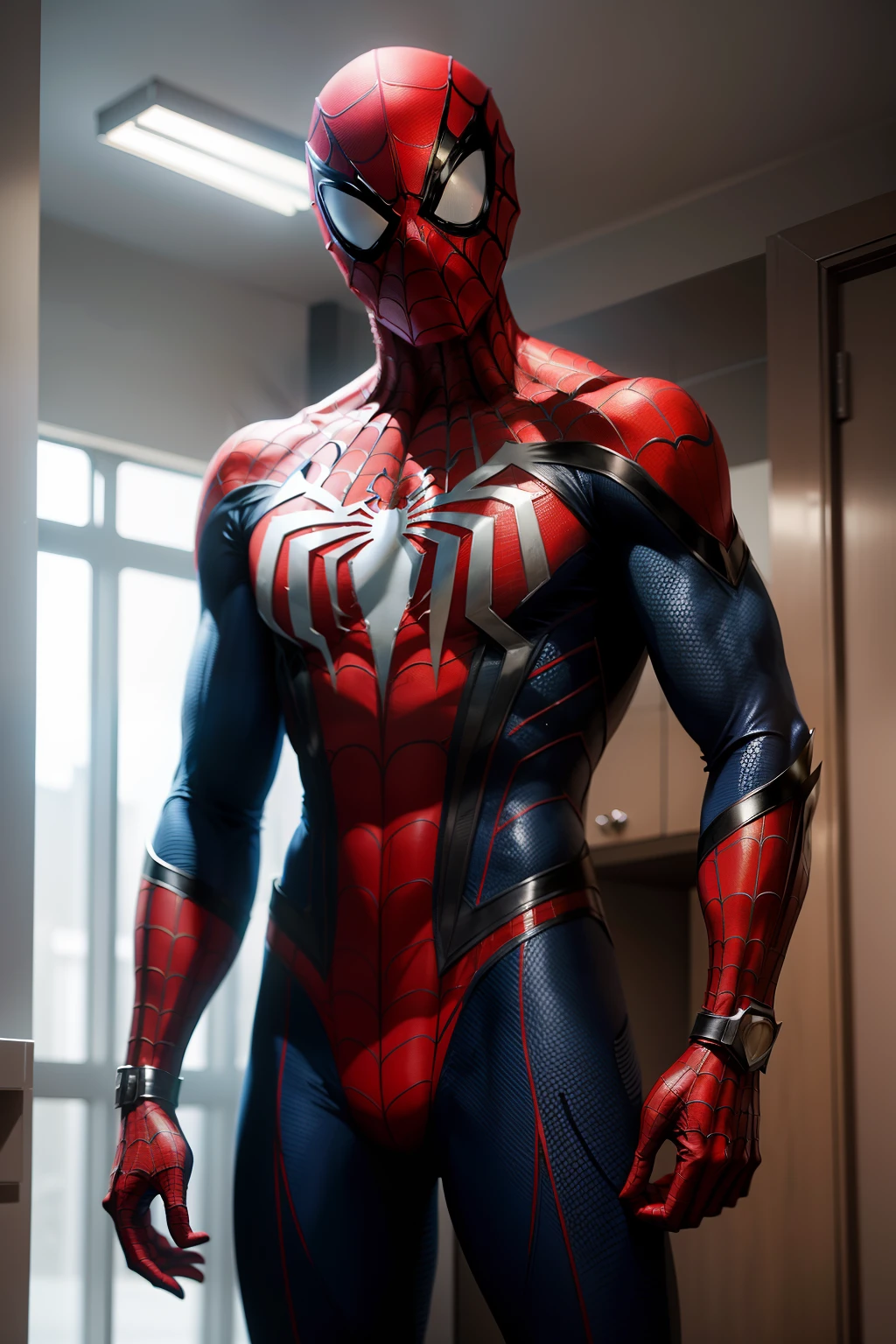 Masked Spider Man standing to see his superhero costume and details.