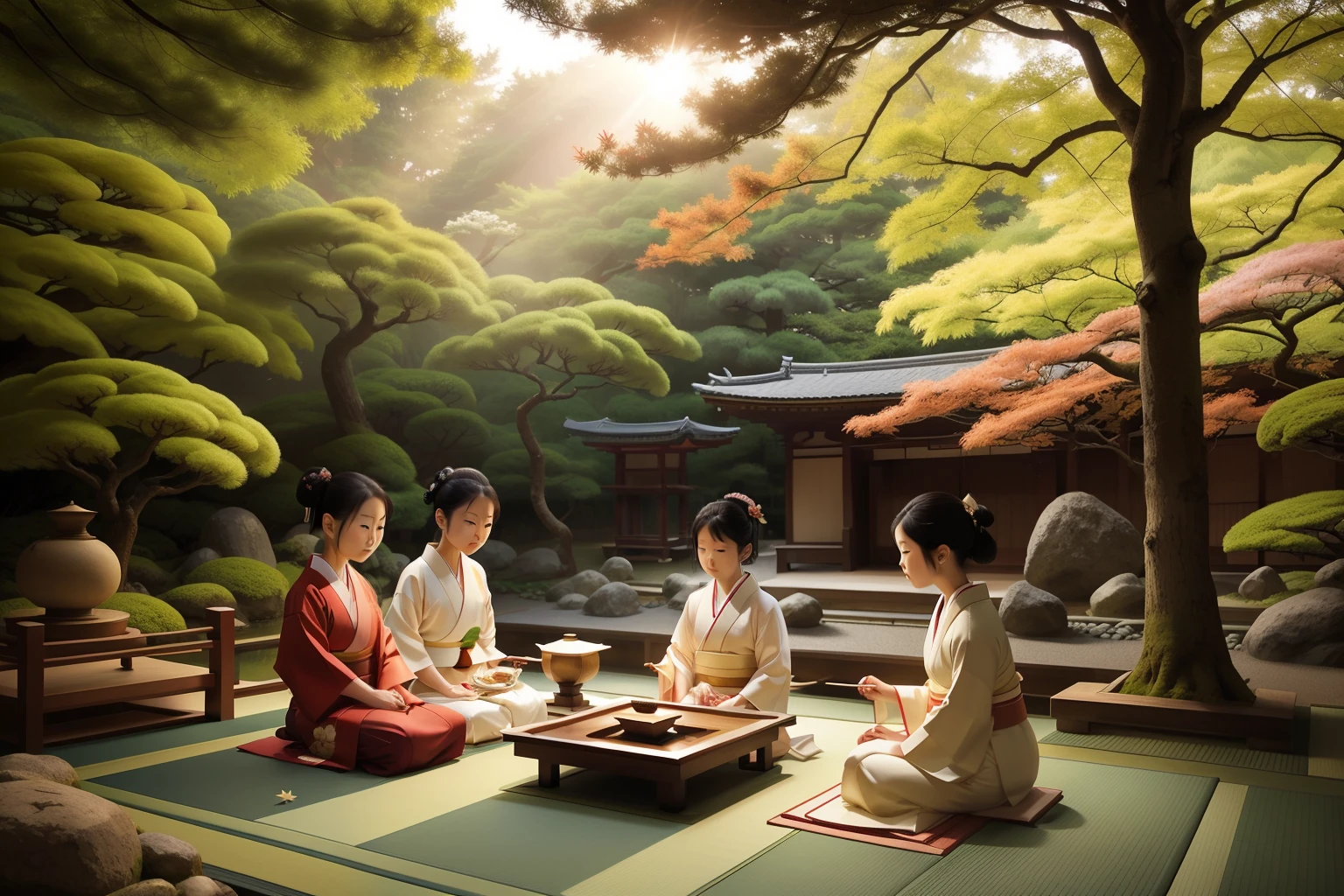 Year: 2010
Country: Japan
Description: In a serene Kyoto temple garden, an upper-middle-class family clad in traditional kimonos partakes in a serene tea ceremony, with the gentle rays of the sun filtering through the maple trees.