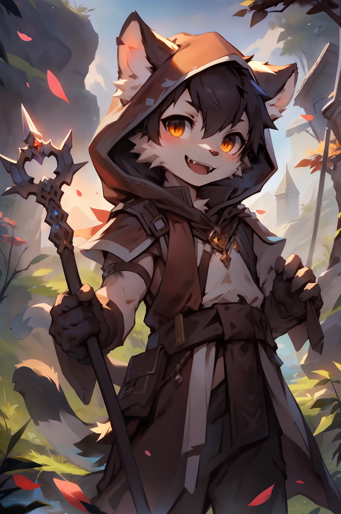 1boy, Animal_hor ears, Animal_Hood, branch, Fang, (Staff),Magic surrounds, mitts, Holding, Hood, Hood_Up, leafs, Looking_at_peeping at the viewer, Male_Focus, Open_Mouth, Orange_Eyes, petals, plant, Smile, Solo, Naked boy standing, Tail, arma,male people,author:Unreal Land,author:Sumi Kuroi,author:Milk Tiger 1145,author:Morkey,author:Emolga 1,Through oocysts:1.2),(author:Xia Huaiting:0.8),(by Pino Daeni:0.8),(author:Sios Shiru:0.8),(by Chunie:0.8).