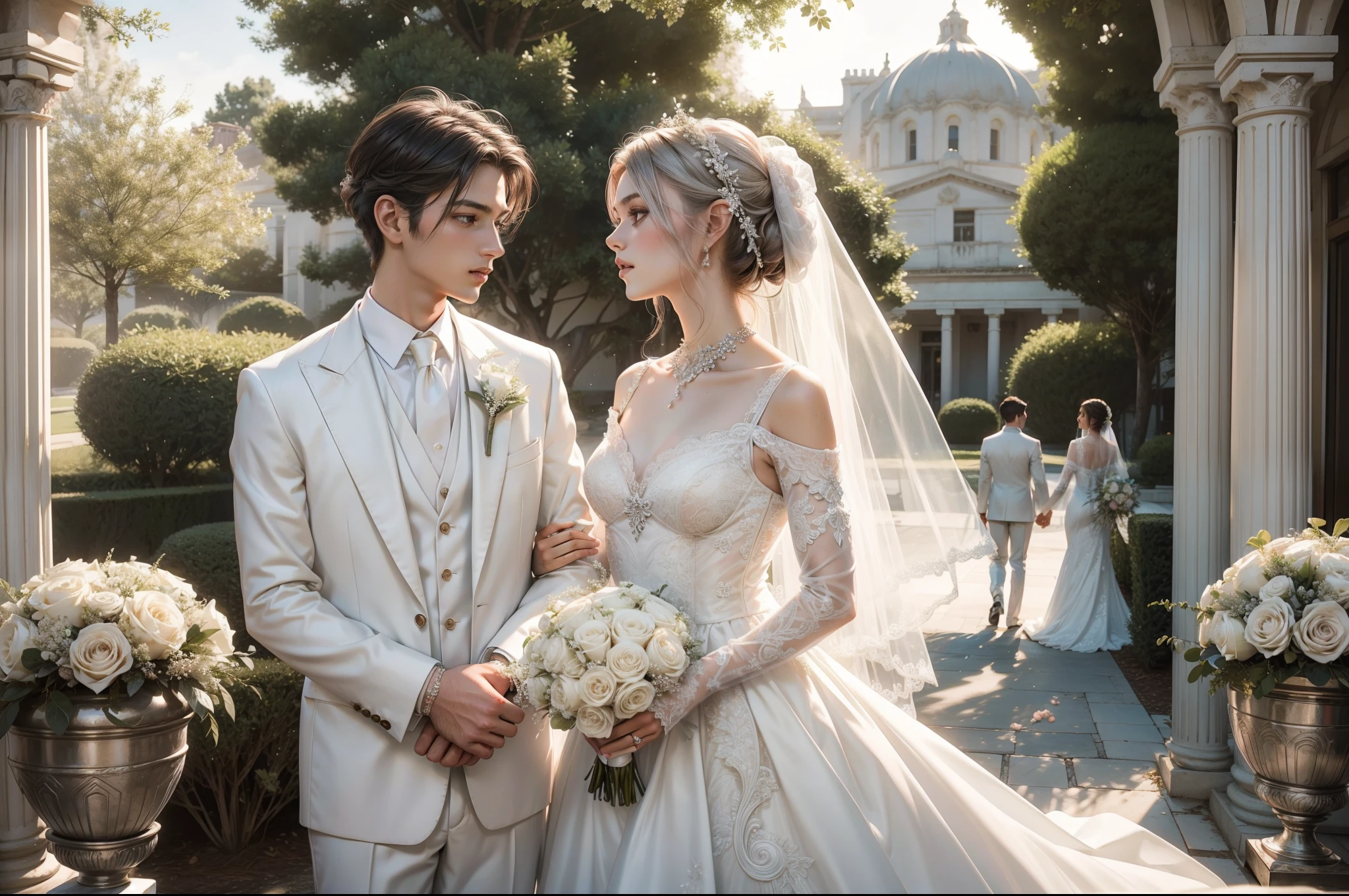 Wedding. Groom wearing white and silver , formal but hippie chic. Bride with and issey Mikaye inspired wedding gown, imperial cut, drapped fabric, long sleeves with wide ends anf shoulder puff, low neckline, creamy white in colour, silver jewelry,  small bouquet of pink and apricot flowerS, romantic hairstyle, medium long veil, garden as background, natural soft sunlight.