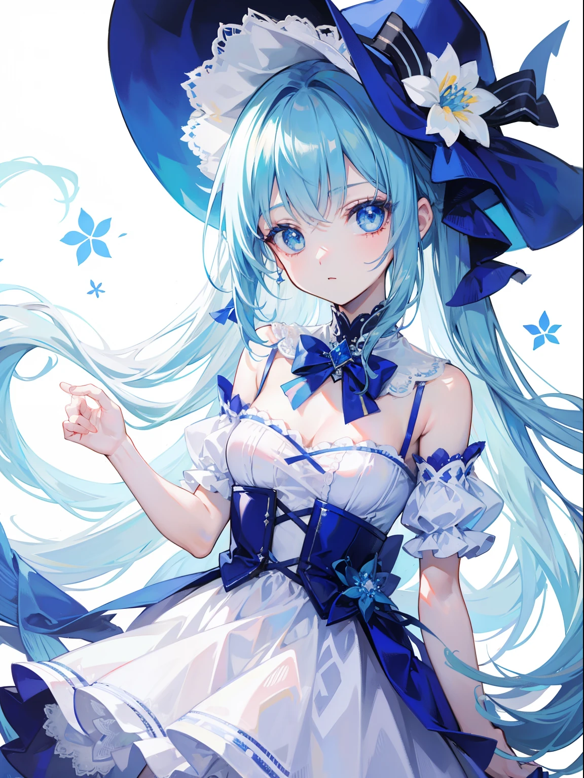 tmasterpiece,Highest image quality,1girll,cabellos largos dorados,blue color eyes,Hats,White slip dress,Bow knot,flower sea