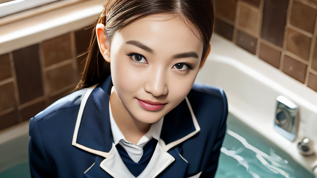 Beijing yellow-haired girl、White Skin Skin、chineseidol、年轻、Thick eyebrows、Black eyes、biting lip、Full of arrogance、Cheer Uniforms、Custom JF clothing、(1 female secondary school student)、In the school bath、Sit on a book、Slim eyebrows、Brown hairpins、hentail realism、8K、tmasterpiece、A high resolution、、anatomically correcte、、from above view、32K quality