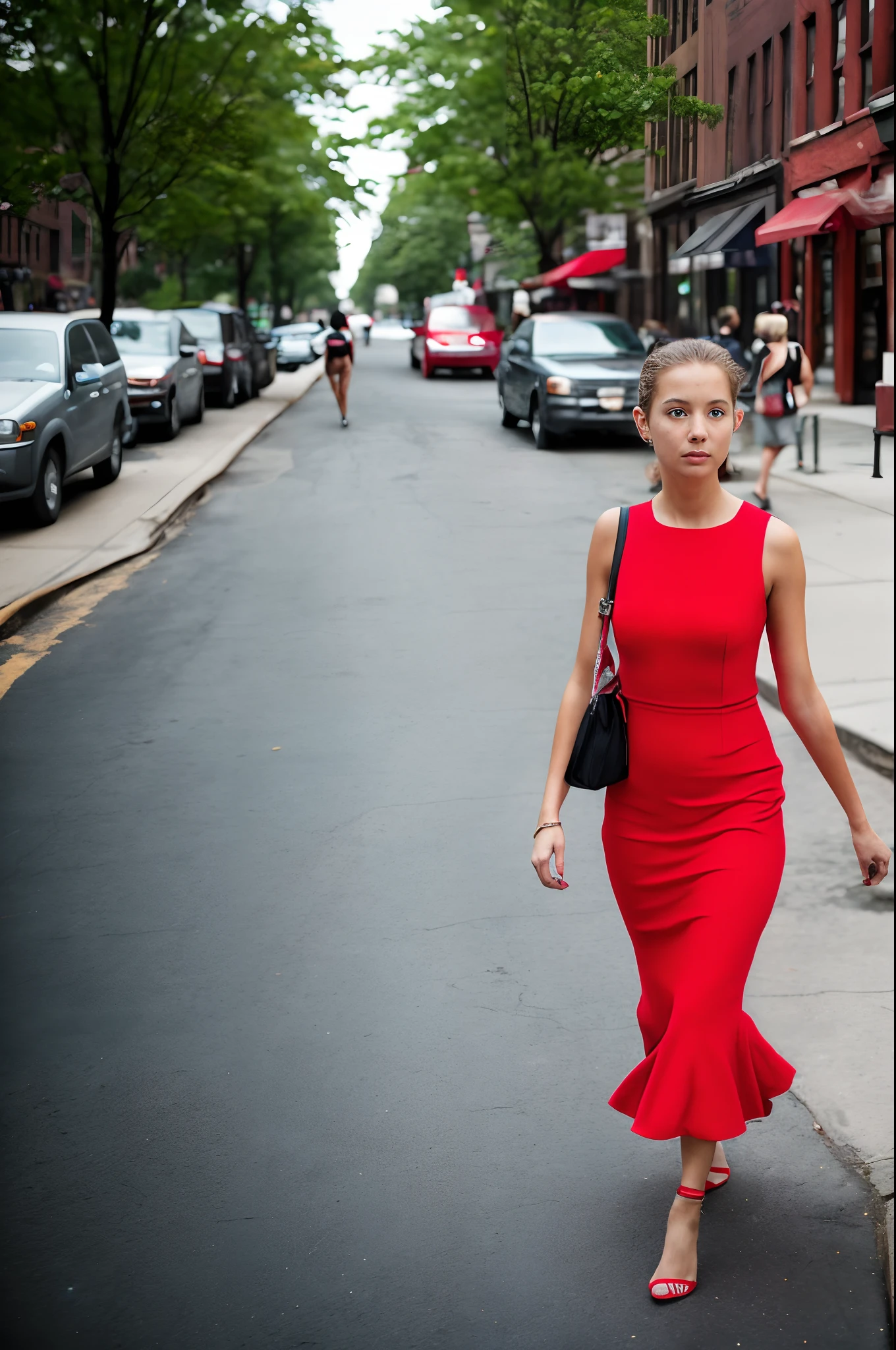 (documentary photography) photo of a gorgeous girl walking down the street (off-end road) in New York, red dress