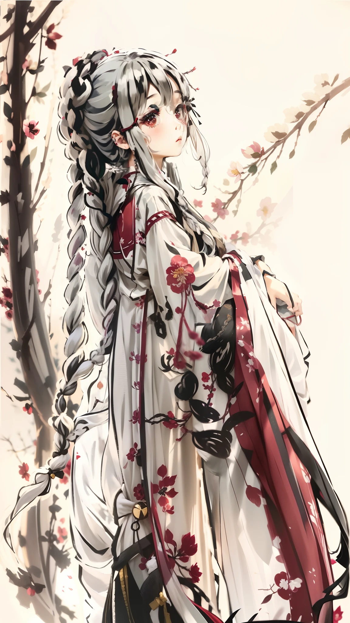 schoolboy,shoun,Long white hair that drapes down,There is a braid tied on the left,Braided down from the shoulders,The base color of the clothes is white,There are black ink branches,Red plum blossoms blooming on tree branches