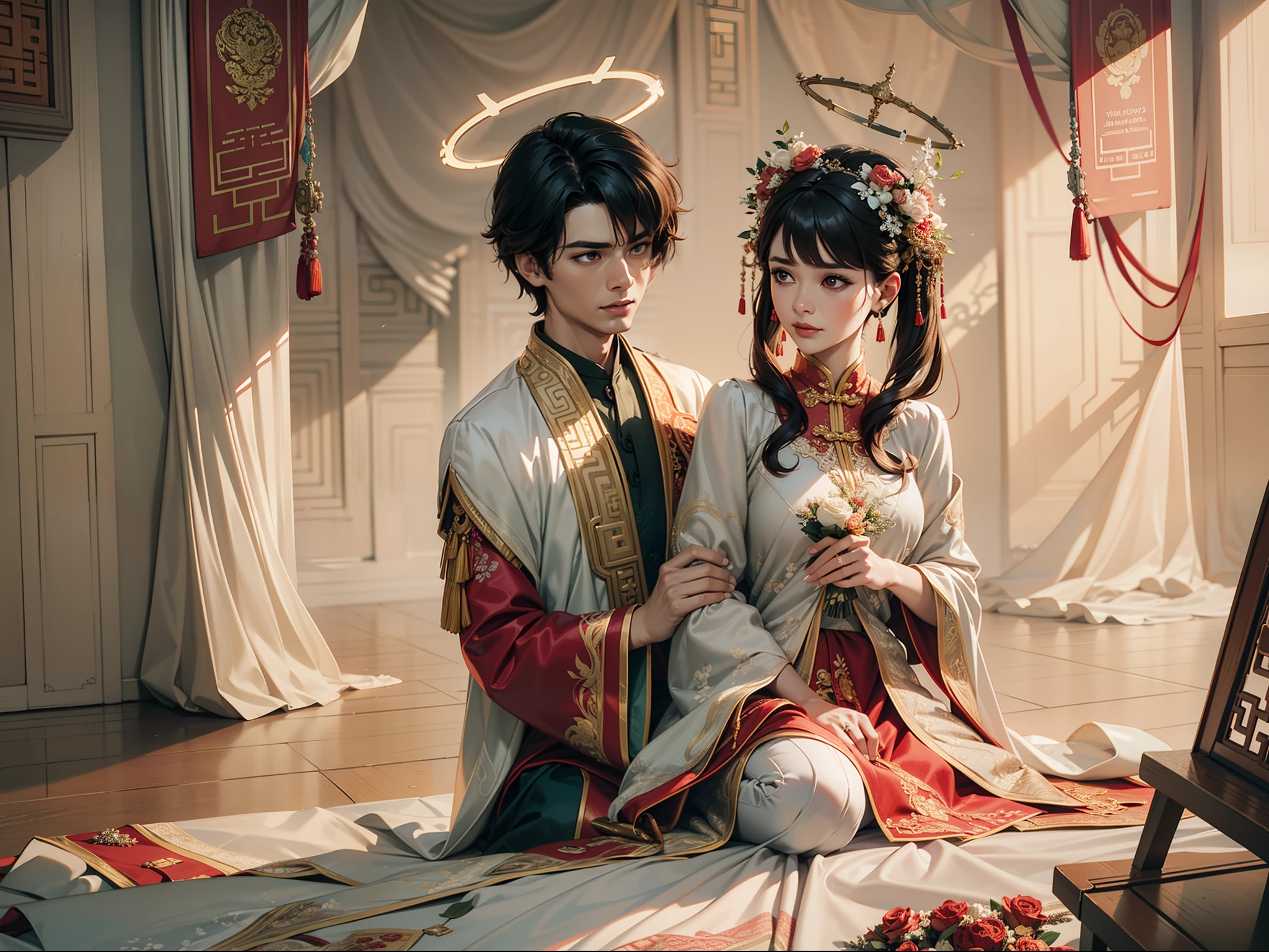 ( 8K, dynamic action, pale washed out style, Dreamy nostalgia, soft focus, dark halo, light leaks, Medium photography, Coarse grain photos, tmasterpiece, top-quality, 8K, realisticlying, Very dense CG, shiny skins,)A couple,Wedding scene,half-body portrait,Weddings,ornate garment,Chinese elements,macro photography,
