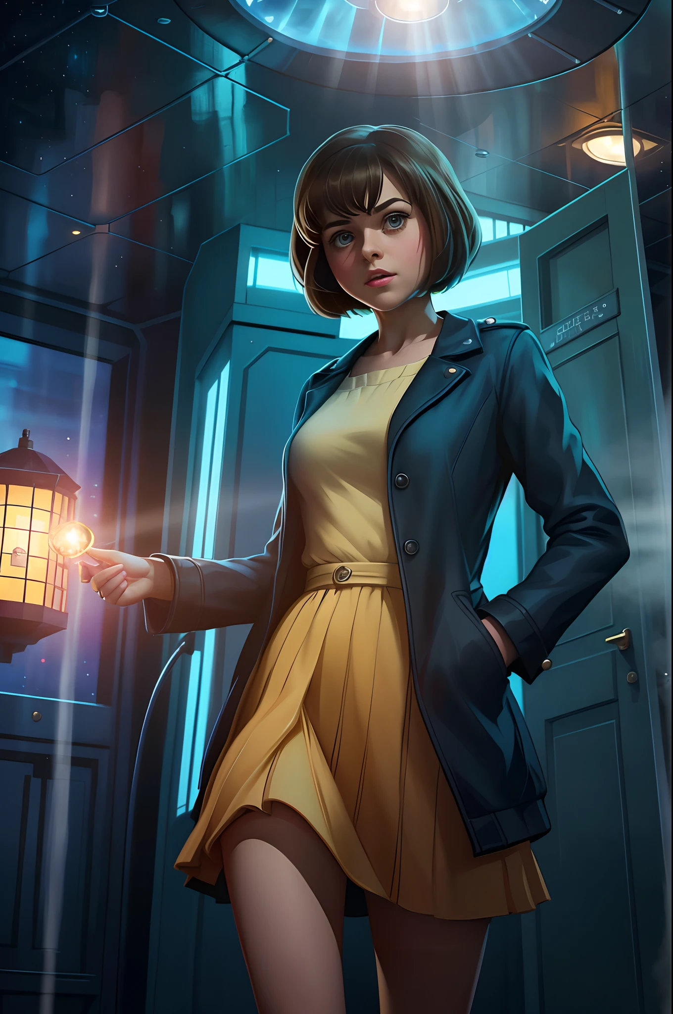 1young Clara Oswald from the series "Doctor Who?", dynamicpose, in the background of the TARDIS, caustic chlorine mist , Palette knife-oil painting, Detailed Illustration, ((Artist Andy_Fairhurst)), ((Best Quality, tmasterpiece)), Extreme detailing, 8K