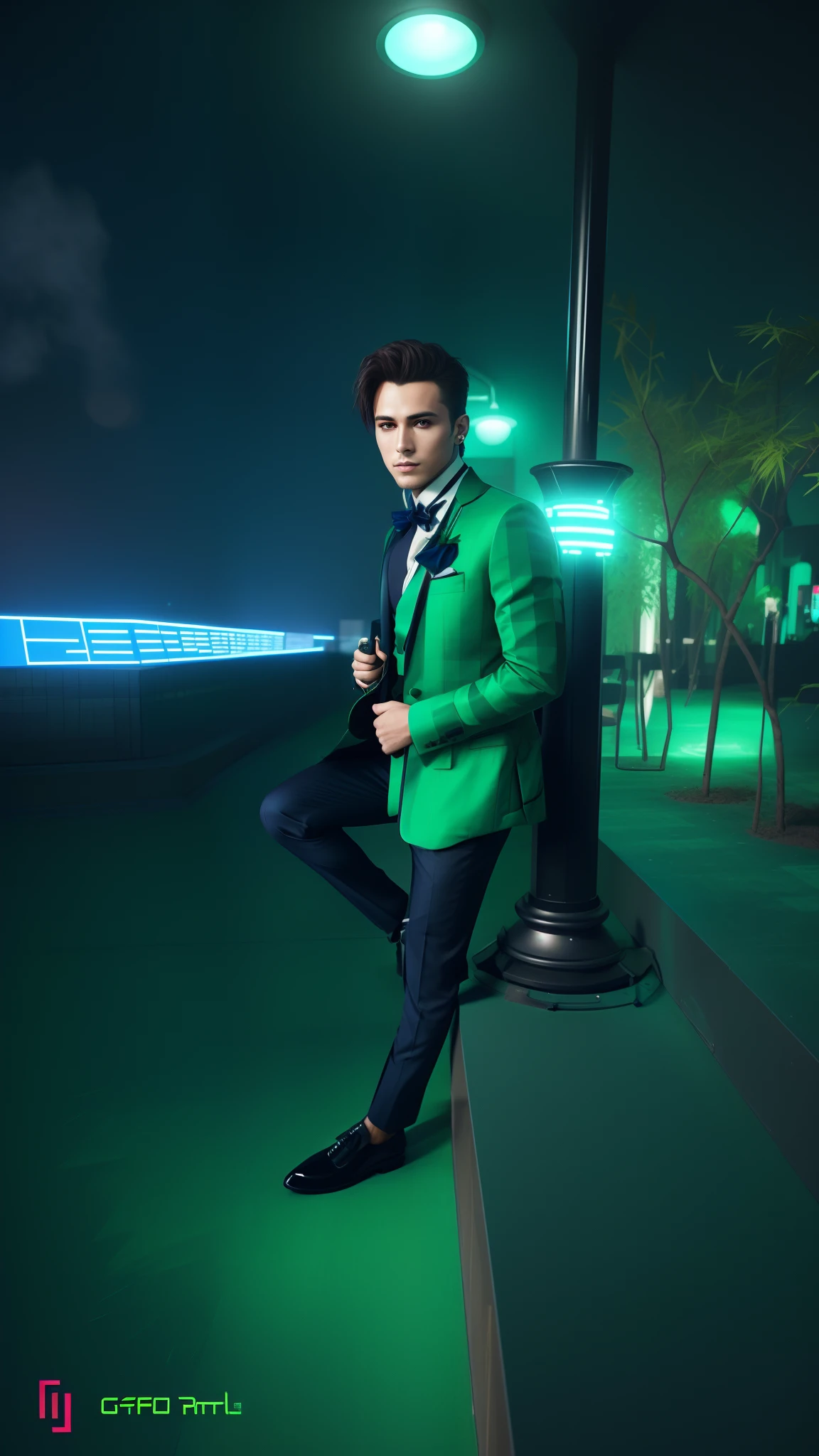 there is a man in a suit and tie standing in a room, wearing green suit, green suit and bowtie, 3-piece-suit, three piece suit, full-body-shot, teal suit, full body in shot, suit, full body model, suits, stylish suit, in a suit, well-groomed model, in strict suite and background cyberpunk handsome boy realistic face