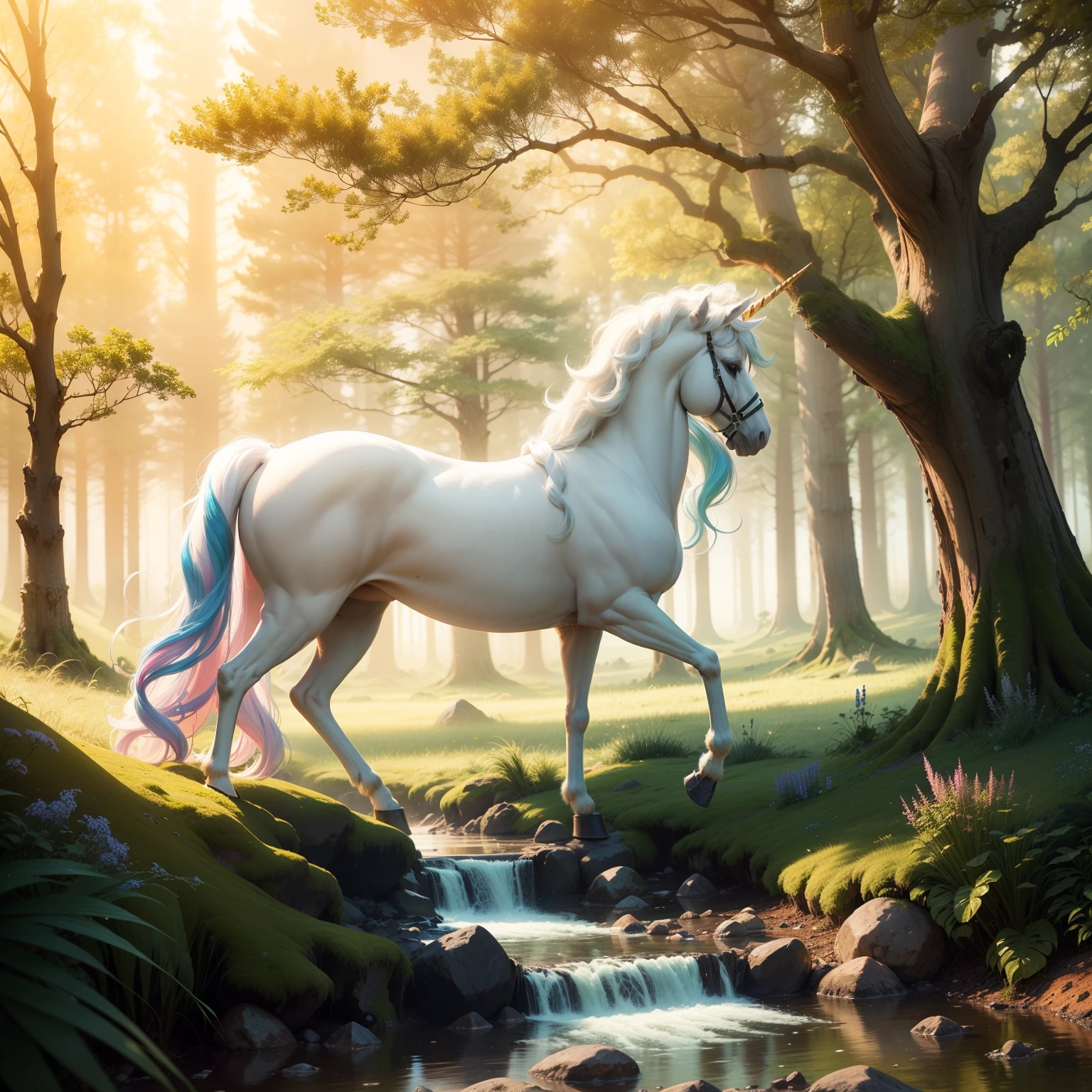 A serene forest clearing bathed in soft, golden sunlight, with a vibrant rainbow stretching across the sky. In the center, a majestic white unicorn stands, its mane flowing in the gentle breeze. The unicorn’s eyes gleam with wisdom and magic, as if it holds the secrets of the ancient world. The trees surrounding the clearing are tall and ancient, their gnarled branches reaching towards the heavens. Delicate wildflowers carpet the ground, adding splashes of color to the scene. In the distance, a small stream flows peacefully, its crystal-clear water reflecting the beauty of the surroundings.