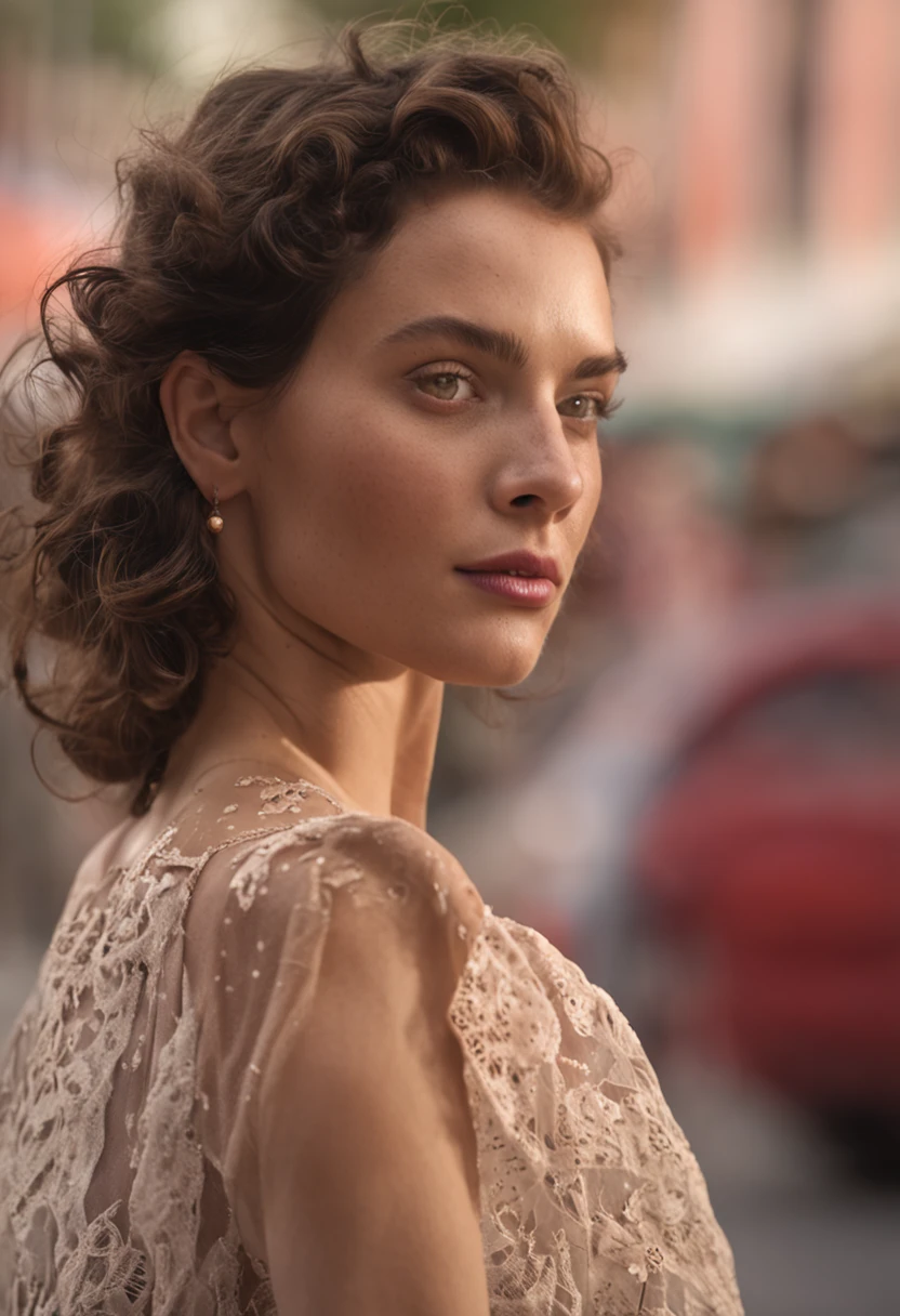 A woman wearing a long red dress, brunette hair, full shot, wide shot of full body, Olivia Rodrigo, Emma Watson, flawless pale skin ((detailed face)), ((detailed facial features)), (finely detailed skin), pale skin, plain grey background, (masterpiece) (perfect aspect ratio)(realistic photo)(best quality) (4K)(detailed) photographed on a 24mm lens, F/2.8, HDR, (8k) (wallpaper) (cinematic lighting) (dramatic lighting) (sharp focus) (intricate), 8k uhd, dslr, high quality, grain film, Fujifilm XT3, film stock photography 4 kodak portra 400 camera f1.6 lens rich colors hyper realistic texture dramatic lighting unrealengine trend in artstation cinestill 800 tungsten, face ultra focus, smiling, seductive, png, 16:9 aspect ratio, shot at night under a street light next to a highway, cars passing by, walking