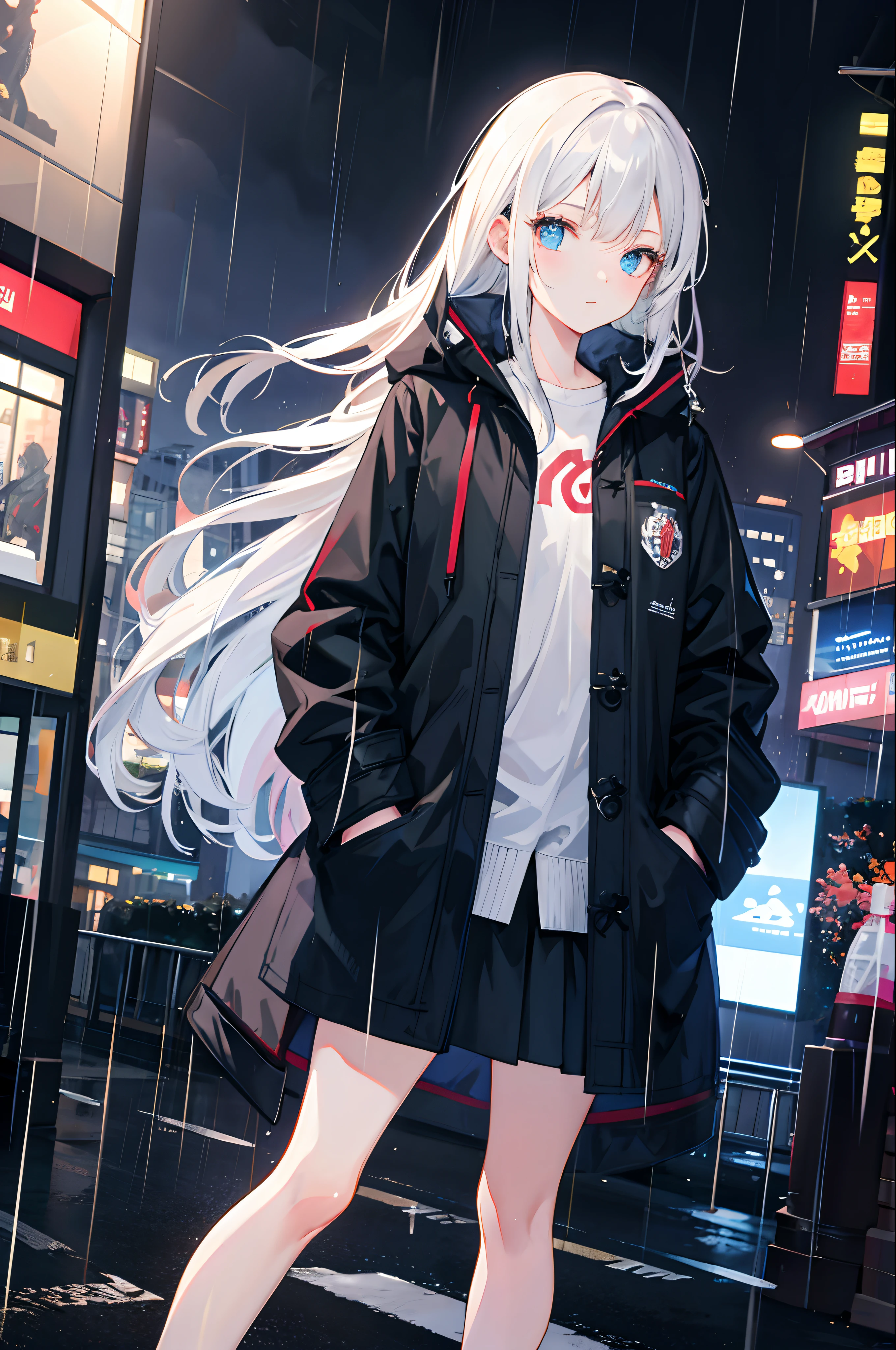 1girl, Night City, rain, coat, hands in pockets