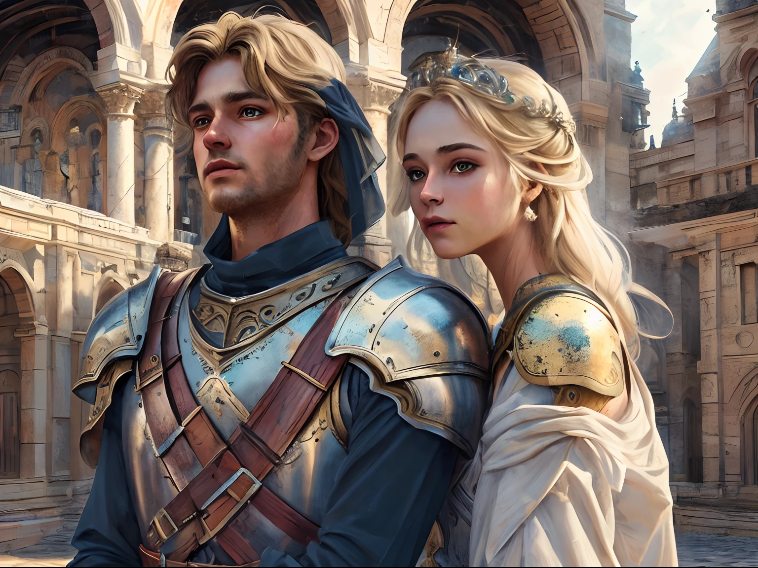 arafed, high details, best quality, 8k, [ultra detailed], masterpiece, best quality, (extremely detailed), dynamic angle, ultra wide shot, RAW, photorealistic, a wide angle picture of a wedding between a knight and her prince in medieval castle, a female human knight, pic beautiful human woman (best details, Masterpiece, best quality), ultra detailed face (best details, Masterpiece, best quality), blond hair, long hair, wavy hair, green eyes, wearing heavy armor, white armor, intricate details armor (best details, Masterpiece, best quality), white metallic armor, armor shines BREAK, and a human male prince, beautiful human man (best details, Masterpiece, best quality), ultra detailed face (best details, Masterpiece, best quality), black hair, short hair, blue eyes, wearing, medieval style clothes (best details, Masterpiece, best quality), noble clothes, fantasy castle background, Ultra-Wide Angle, high detail, award winning, best quality, HD, 16K, 3D rendering, high details, best quality, highres, ultra wide angle, 3D rendering, [[anatomically correct]]