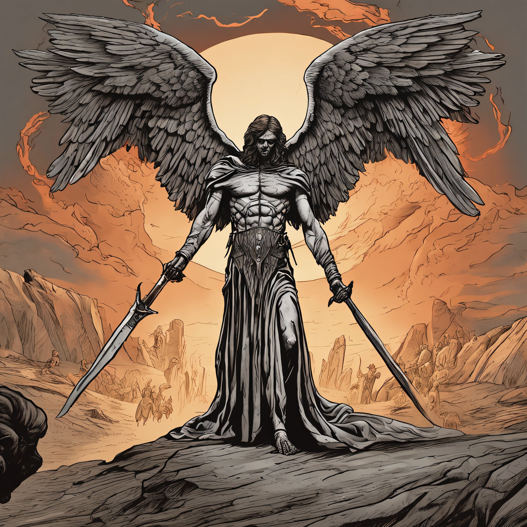 Una imagen de un hombre con una espada de pie en un desierto, Angel in Hell, archangel, Angels vs Demons, Angel observing demon, Angels and demons, Angel protecting man, archangel michael, the angel of death, battle between angels and demons, super wide angel, epic angel wings, Angels protecting a praying man, Human need Angel of Death