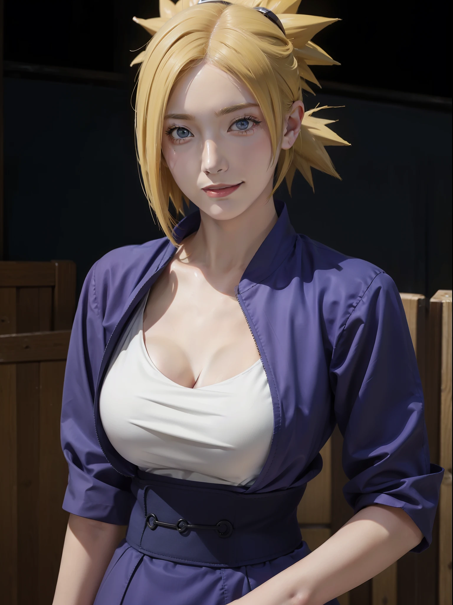 1girl, temari in anime naruto, short hair, yellow hair, blue eyes, smile, beautiful, sexy clothes, sexy dress, white clothes, very big breast, realistic clothes, purple clothes, outdoor background, ultra detail, realistic