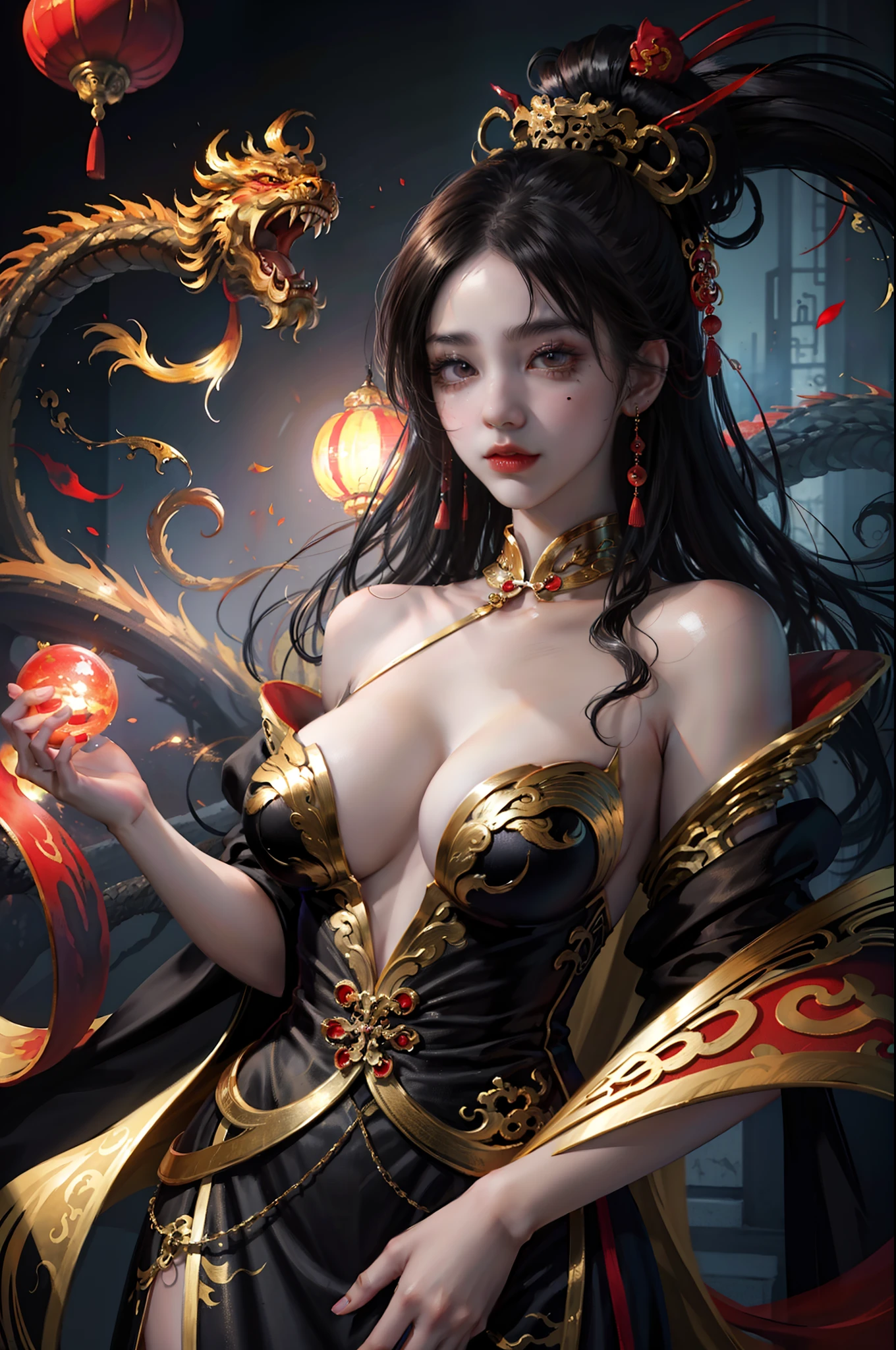 Chinese Dragon, Female Attention, Chinese Girl, large breast,{{Color Ink Ink Painting}}, {{Ink Splash}, {{Color Splash}}}, {{Colorful }}, {{Sketch}}, Masterpiece, Very Detailed, Best Quality, Beautiful Painting, {{Watercolor}},