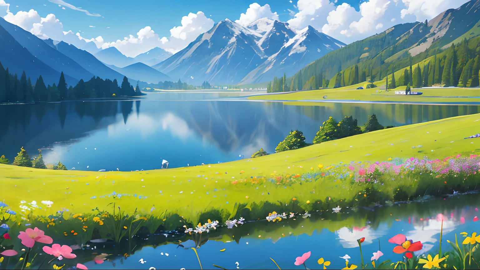 Summer, meadows, few small flowers, clear lakes, sheep, heaven, large clouds, blue sky, hot weather, HD detail, wet watermark, hyper-detail, cinematic, surrealism, soft light, deep field focus bokeh, distant view is snowy mountains, ray tracing, and surrealism. --v6