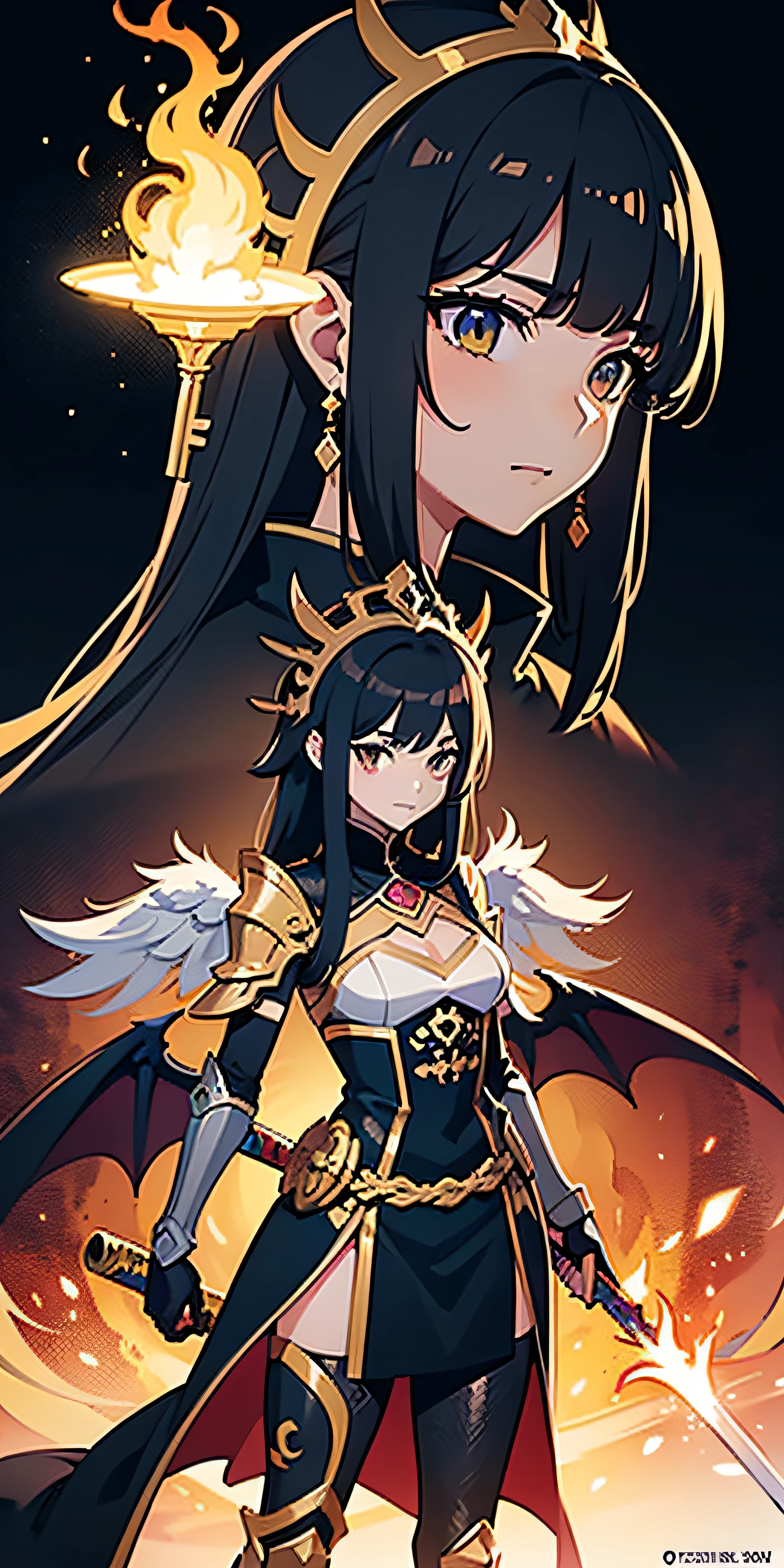 Anime figure,Dark villain,Beauty side face,Long hair flying,(gold
Colorful headdress),Two age girls back to back,(Simple head
helmet)Spark ashes burn,The samurai held a sword,Wear contrasting armor,The whole picture of the witch and the witch skeleton,(standing full-body),((Faraway view)),(HD8K),ultra-wide-angle,The background is gorgeous,the original god,demon anime girl,Angel anime girl,fantasy paladin man,Dragon Knight,Spread your black feathered wings,Mobile Genshin Influence,Anime 8K,Anime fantasy insertion,Genshin Impact,Tough and cold character,Detailed key anime art,Ayaka Genshin impact,onmyoji portrait,Close-up of shooting random weapons,Comic book epic artwork,Epic fantasy digital art style,Epic fantasy art style,8K high quality detailed art,Epic fantasy art style HD,Faraway view,Behind him,This is a golden glowing magic array。,Purify the flame,HD anime visuals,full portrait of magical knight