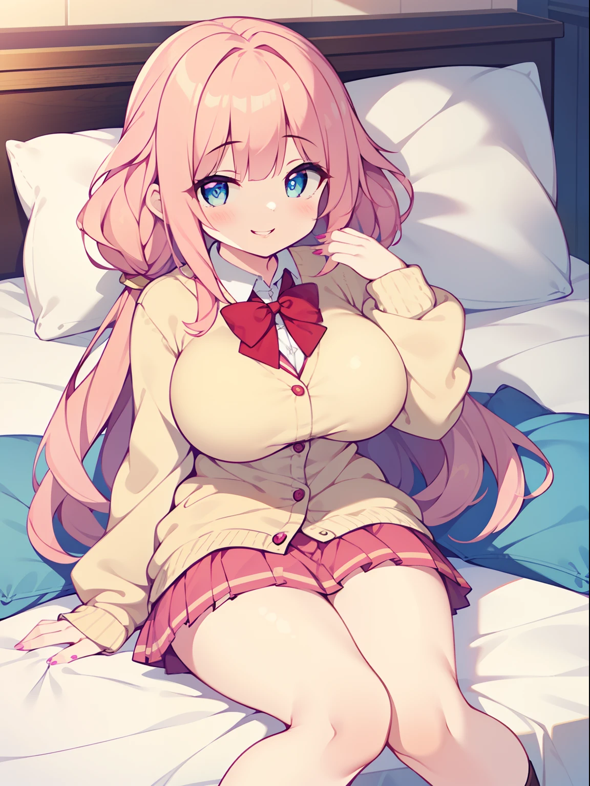 Highly detailed and realistic CG, Colorful, Masterpiece, Best Quality, jewel-like eyes, 1girl, solo, pink hair, shiny hair, school uniform, mini skirt, black tights, lying on bed, on back, smirk, pink eyes, shiny eyes, tongue, blush, from pov, bursting breasts, sagging breasts, breast hold, cleavage, open clothes, adult, (NSFW:0.8), night, bare cleavage, underwear, slender, skinny legs, love hotel,