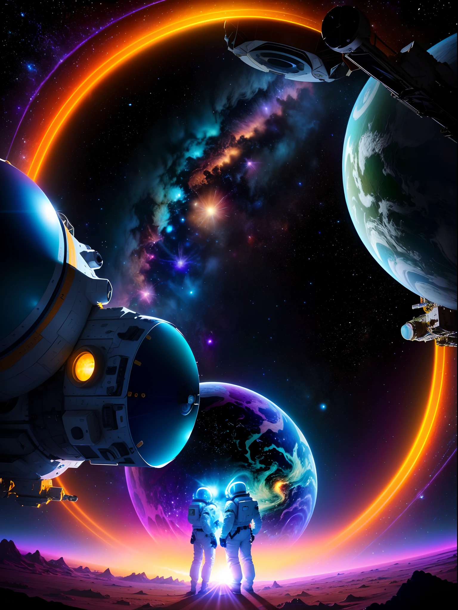 Space scene with close-up of astronauts on planet, space, cosmic space, Space travelling, Space travelling, cosmic space, outerspace, psychedelic illustrations, space colors, cosmic and colorful, sci-fi illustrations, sci-fi illustrations, Surreal space, standing in outer space, Unknown space, Psychedelic atmosphere, view of the cosmos, dmt space behind