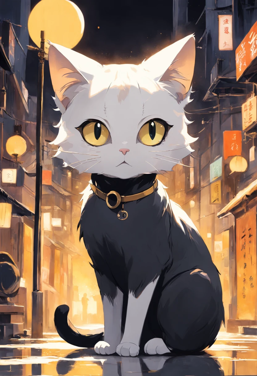 Cats in art, Narrow eye grooming、leisure、The main color is black, White secondary color, Pastel golden yellow background, Artistic, 复杂, Warm style, Shapes include abstract cats, Playful form, Elegant work, Textures include coated textures, Smooth paint, Fabric texture, Lines contain beautiful lines, Natural curves, Refined silhouette, Elegant shape, visit, Expressing the, Aesthetic.