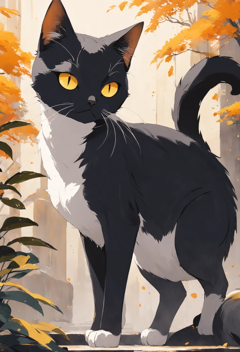 Cats in art, Narrow eye grooming、leisure、The main color is black, White secondary color, Pastel golden yellow background, Artistic, 复杂, Warm style, Shapes include abstract cats, Playful form, Elegant work, Textures include coated textures, Smooth paint, Fabric texture, Lines contain beautiful lines, Natural curves, Refined silhouette, Elegant shape, visit, Expressing the, Aesthetic.