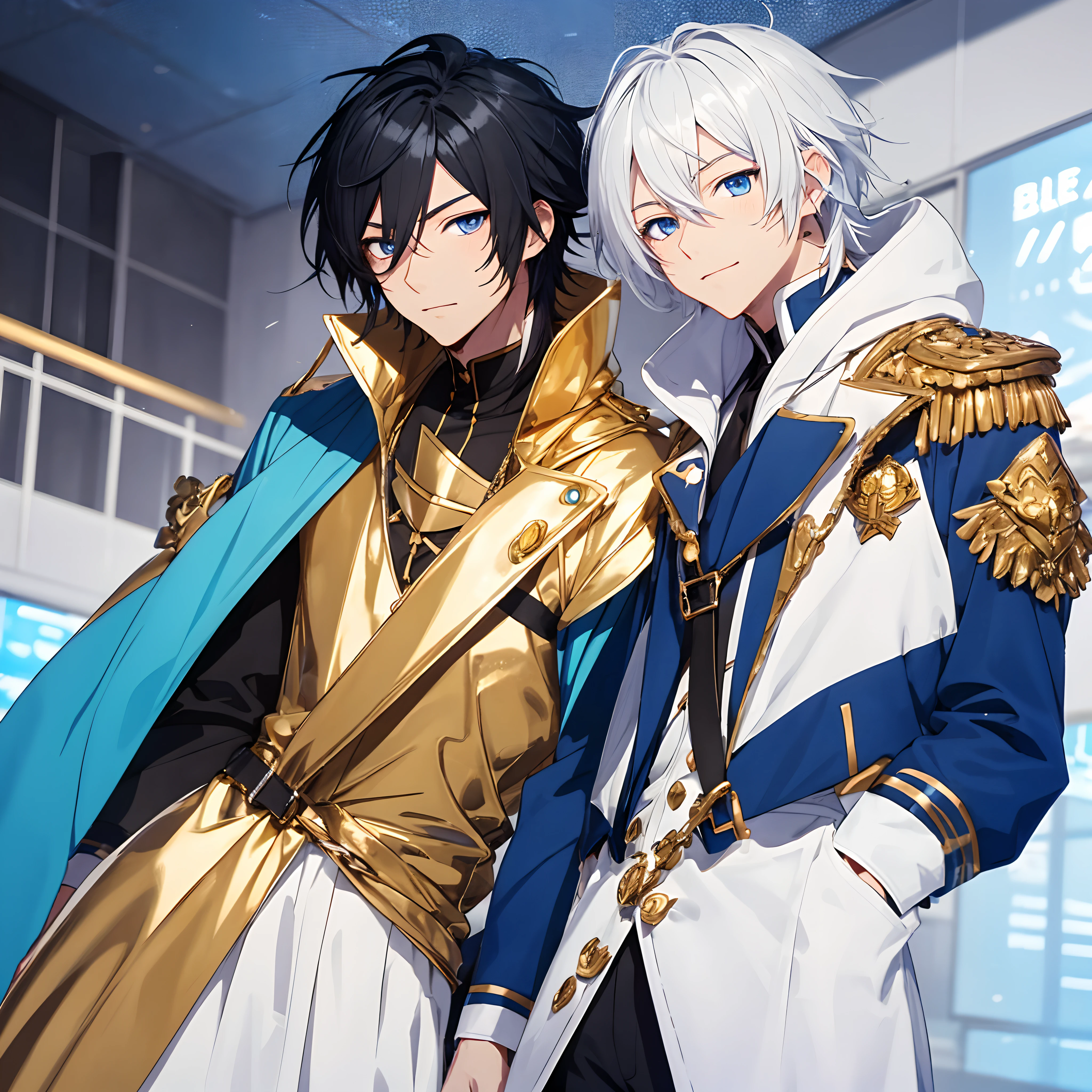 Anime boys，ccurateblack hair，blue colored eyes，Dressed in a golden and blue costume。