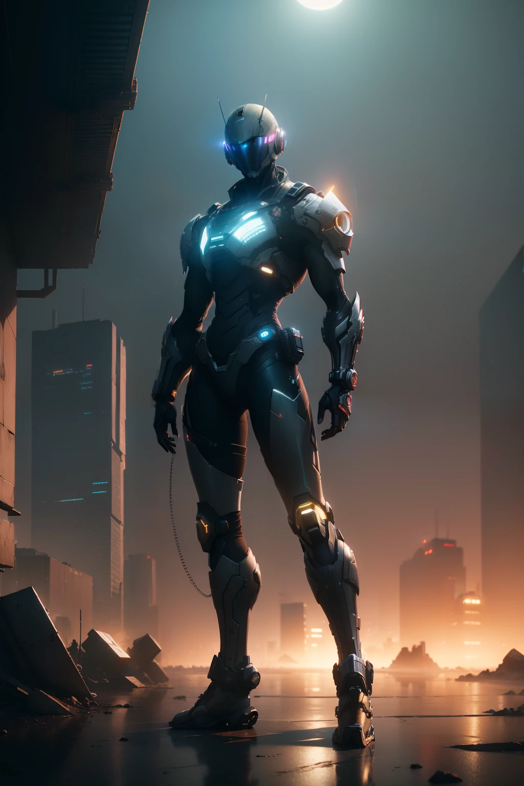 (skeuomorphic:1.5), cyber punk perssonage,Scenes ,There are no characters, Moonlight, dreamy glow, Ruined city,Apocalyptic background，Don't be the subject ( Global illumination, Ray traching, hdr, unreal render,reasonable design, Masterpiece, Best quality, hyper HD, Cinematic lighting)