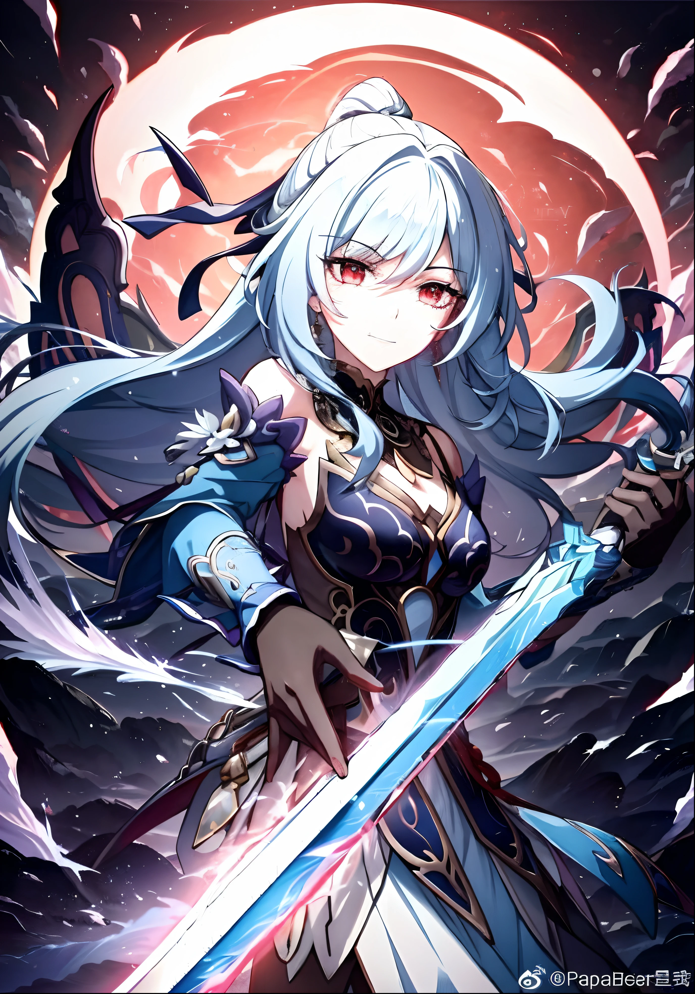 A woman with long white hair holds a sword before the full moon, Ayaka Genshin impact, Detailed key anime art, she is holding a sword, Keqing from Genshin Impact, Portrait Chevaliers du Zodiaque Fille, light novel cover art, ayaka game genshin impact, Epic light novel cover art, Detailed anime artwork, Anime fantasy illustration