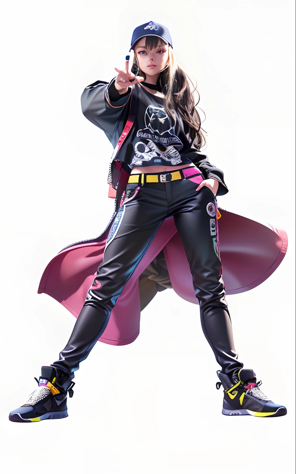 masutepiece、top-quality、ultra-detailliert, Realistic, 8K, 1girl in 、age19, Beautiful face, (((Point to the front))), a black T-shirt, Jaguar Pants, Bob Hair, (((simple background:1.3))), Smile,