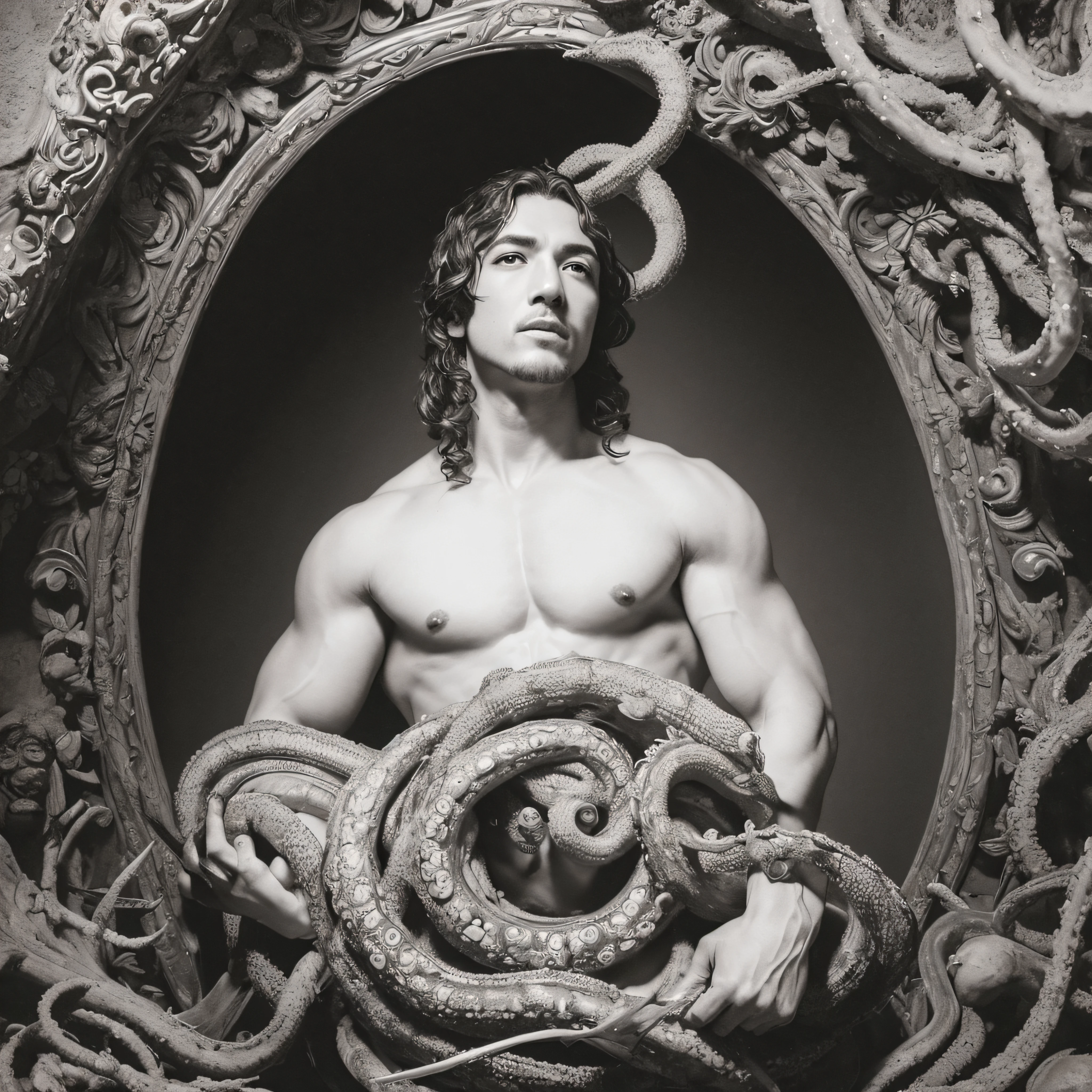(extremadamente detallado, obra maestra, La mejor calidad, Under the Ocean), Estilo oscuro, volumetric illumination. armadura medieval, rostro con arrugas, lengua larga, tentacle, deforme, imagen submarina vista desde el exterior, pico de pulpo amenazante. manchas de tinta. Rococo composition. Luz de caravaggio