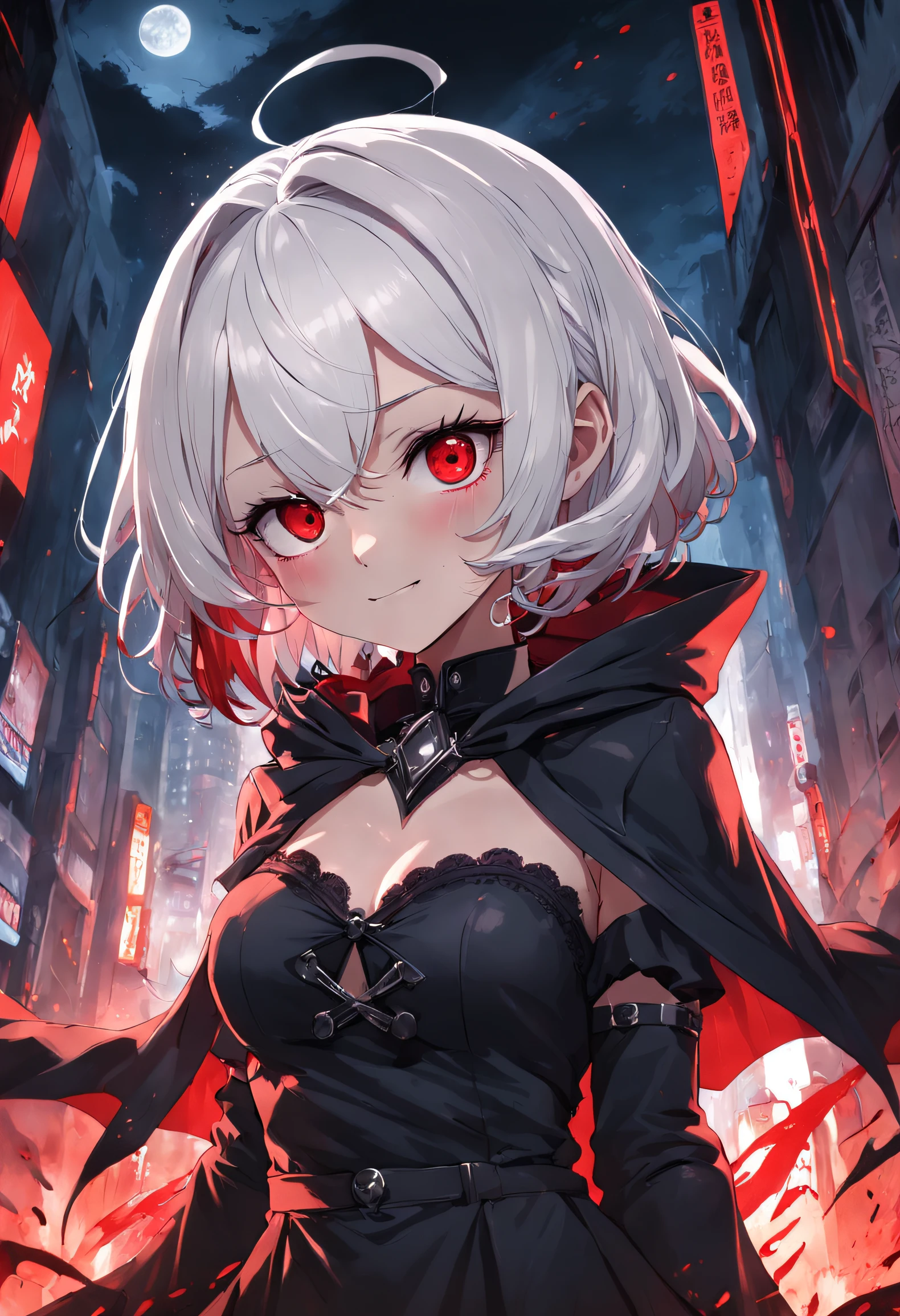 Short and medium white hair,Girl with blood red pupils,Spooky smile,Wear black gloves in an extended black version,Wear a black bandeau dress,The chest is small,Wear a black hooded cape,Pretty Girl Killer