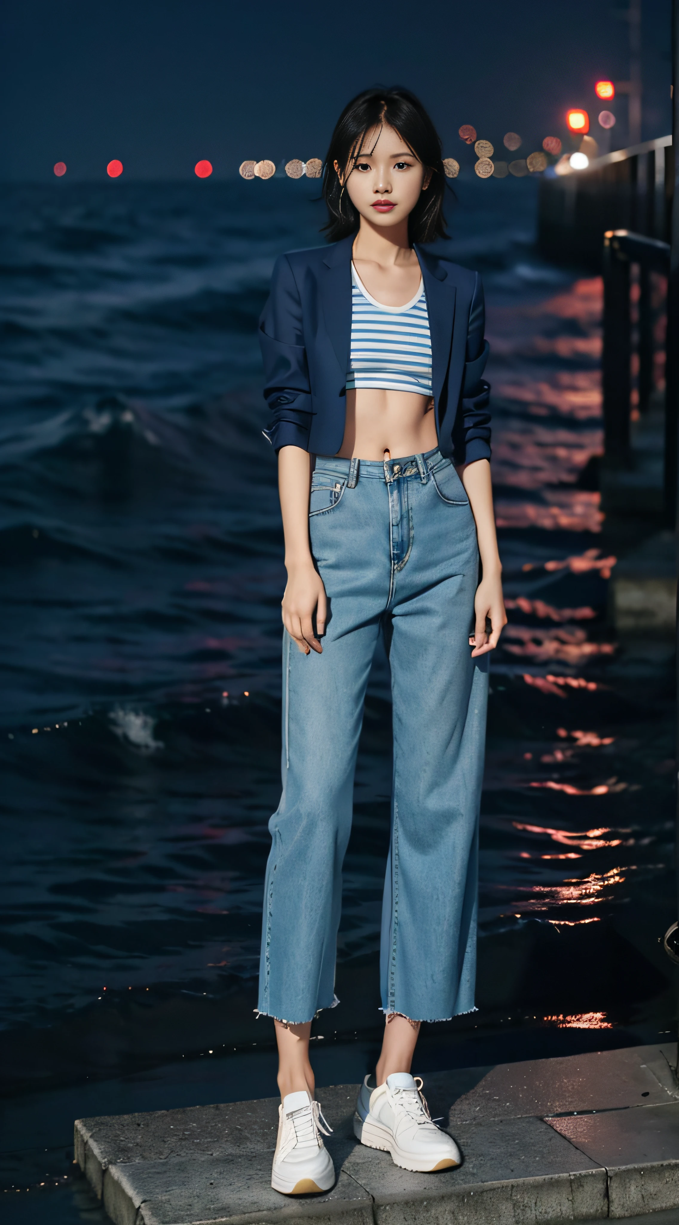 ((smallunderboob,Tomboyish,small heads)), (Well-defined abs: 1.1), (perfect bodies: 1.1), (short-length straighthair: 1.2), Black hair, upper body photos, attractive collarbone，nabel，（极其细致的CG 8k壁纸），（Extremely refined and beautiful），（tmasterpiece），（best qualtiy：1.0），（超高分辨率：1.0），beautiful light up，Perfect lightning，realistic shaded，[A high resolution]，Smooth and flawless fair skin，ultra - detailed ，Elongated legs，flatchest，Slim，emaciated，during night，Dim light，Squat，Ocean blue cloth jacket，Blue and white horizontal striped vest，Ocean blue trousers，Black cloth shoes