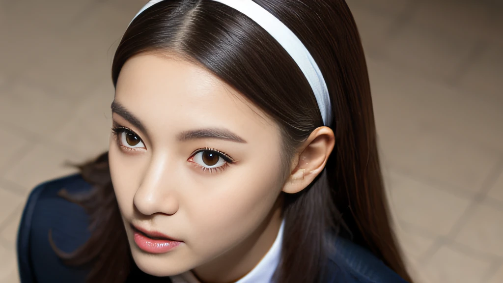 Beijing yellow-haired girl、White Skin Skin、chineseidol、年轻、Thick eyebrows、Black eyes、biting lip、Full of arrogance、Cheer Uniforms、Custom JF clothing、（1 female ）、In the school bath、Sit on a book、Slim eyebrows、Brown hairpins、hentail realism、8K、tmasterpiece、A high resolution、、anatomically correcte、、from above view、32K quality
