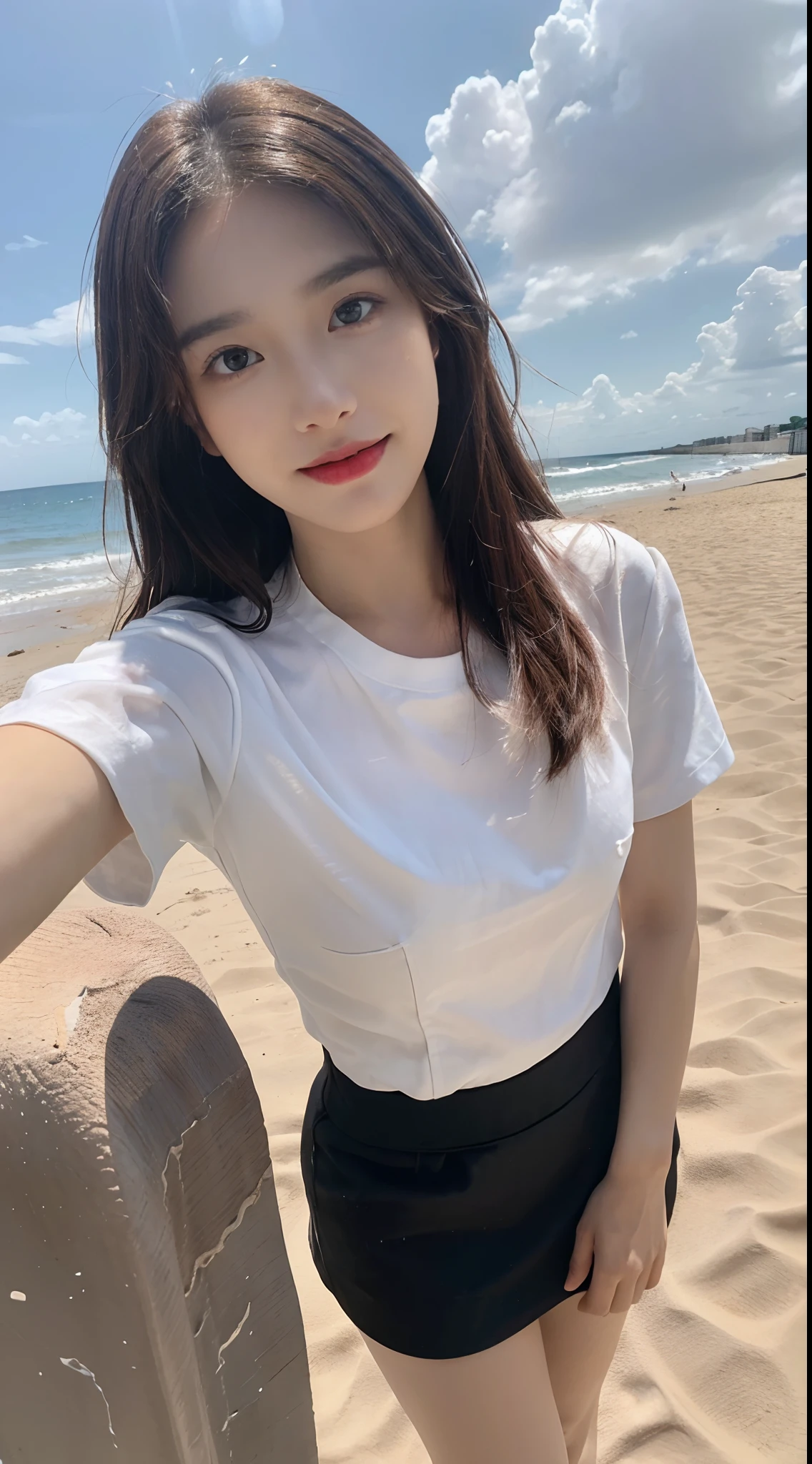 ((Best picture quality, 8K, tmasterpiece: 1.3)), self-shot, Sharp focus: 1.2, A cute beauty with a perfect figure: 1.4, Slim, ((Brown hair black)) , (whitet-shirt,pleatedskirt,Highly detailed face,Happy expression,standing on your feet:1.2),((with blue sky and white clouds,Beach by the sea:1.3. Produced with a major focus on women)),Highly detailed facial and skin texture,Detailed eyes,二重まぶた