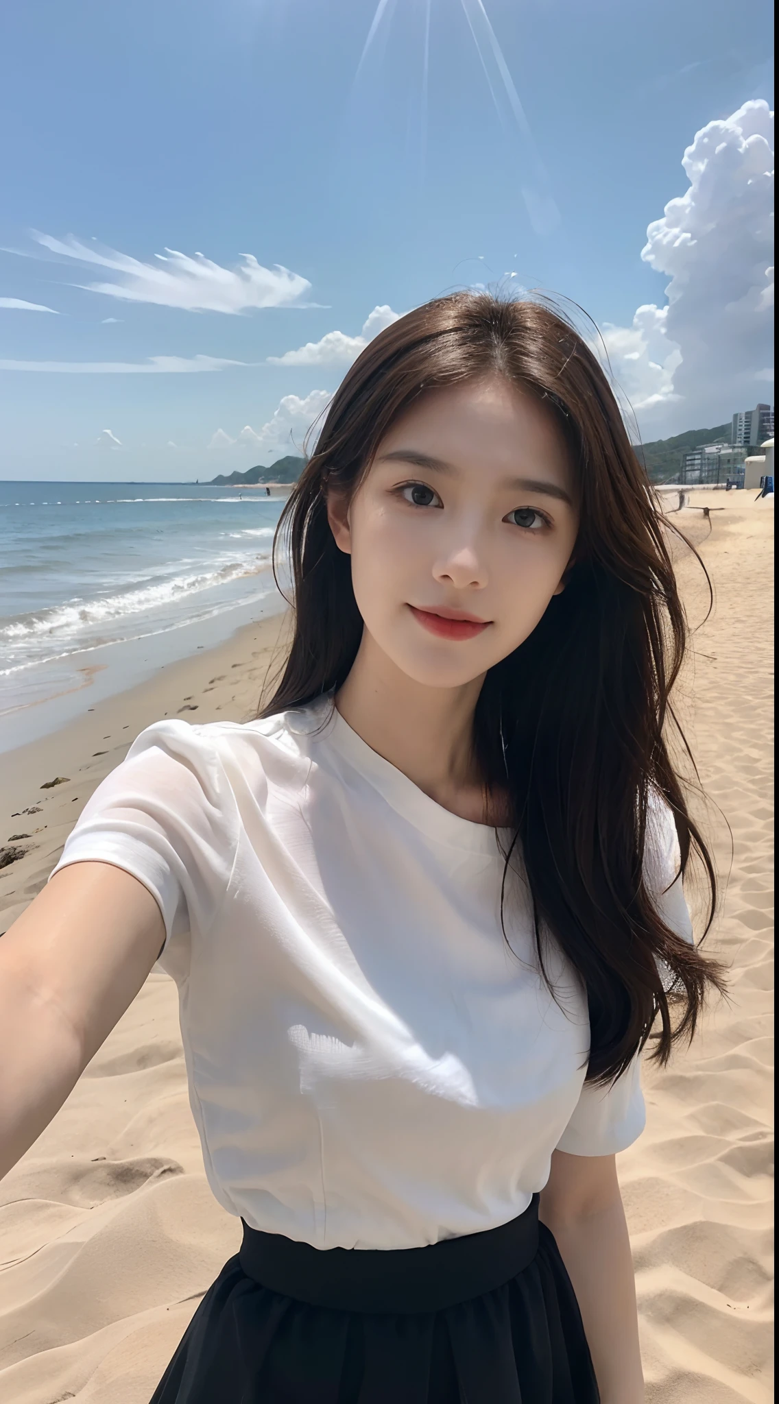 ((Best picture quality, 8K, tmasterpiece: 1.3)), self-shot, Sharp focus: 1.2, A cute beauty with a perfect figure: 1.4, Slim, ((Brown hair black)) , (whitet-shirt,pleatedskirt,Highly detailed face,Happy expression,standing on your feet:1.2),((with blue sky and white clouds,Beach by the sea:1.3. Produced with a major focus on women)),Highly detailed facial and skin texture,Detailed eyes,二重まぶた