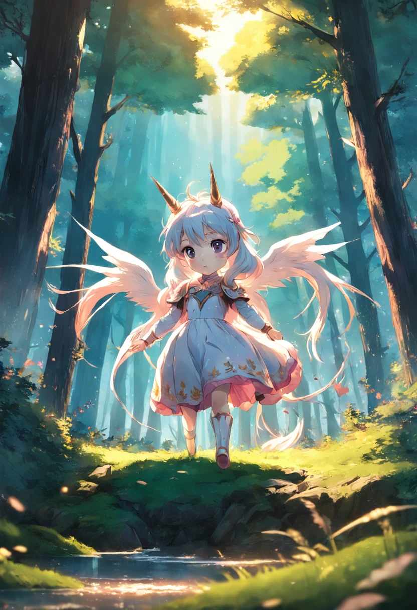 Close-up photo of a very cute jumping unicorn in the forest、Soft volume light、(back lighting:1.3)、(cinematic:1.2)、intricate detailes、(art stations:1.3)、rutkowski