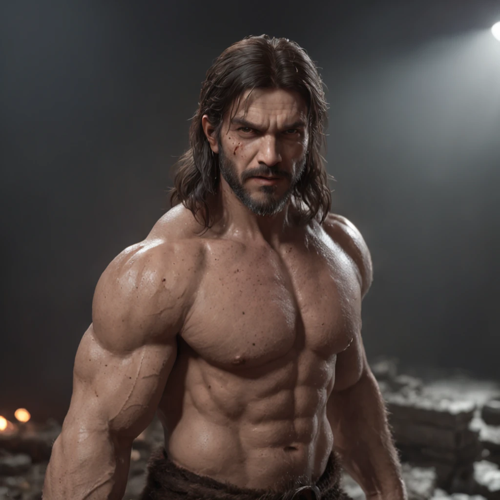 (professional 3d render:1.3) af (Realistic:1.3) most beautiful artwork photo in the world，Features soft and shiny male heroes, ((Epic hero fantasy muscle man rough wet hero angry look long hair short beard and ferocious expression in dynamic pose, Fantastic location, Majestic cluttered environment)), full body 8k unity render, action  shot, skin pore, very dark lighting, heavyshading, Detailed, Detailed face, (vibrant, photograph realistic, Realistic, Dramatic, Dark, Sharp focus, 8K), (Old leather garments damaged by weathering:1.4), ((((Wear fur)))), (Intricate:1.4), decadent, (Highly detailed:1.4), Digital painting, rendering by octane, art  stations, concept-art, smooth, Sharp focus, illustration, Art germ, (loish:0.23), wlop ilya kuvshinov, and greg rutkowski and alphonse mucha gracias, (Global illumination, Studio light, volumettic light), heavy rain, particles floating, lotr, fantasy, elf, full bodyesbian, ((Dark and ancient city background:1.3)),CGSesociety,art  stations