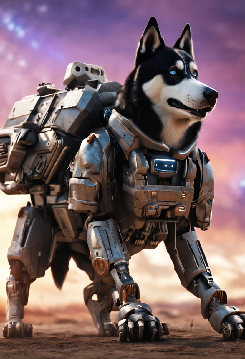 A husky dog rides a mecha motorcycle,Lovely face,Wearing battle armor,Wear tactical glasses,Machine gun artillery on motorbikes,Leap through a ruined city,The scene is grand,The picture is HD,The visual sense of the movie,4K