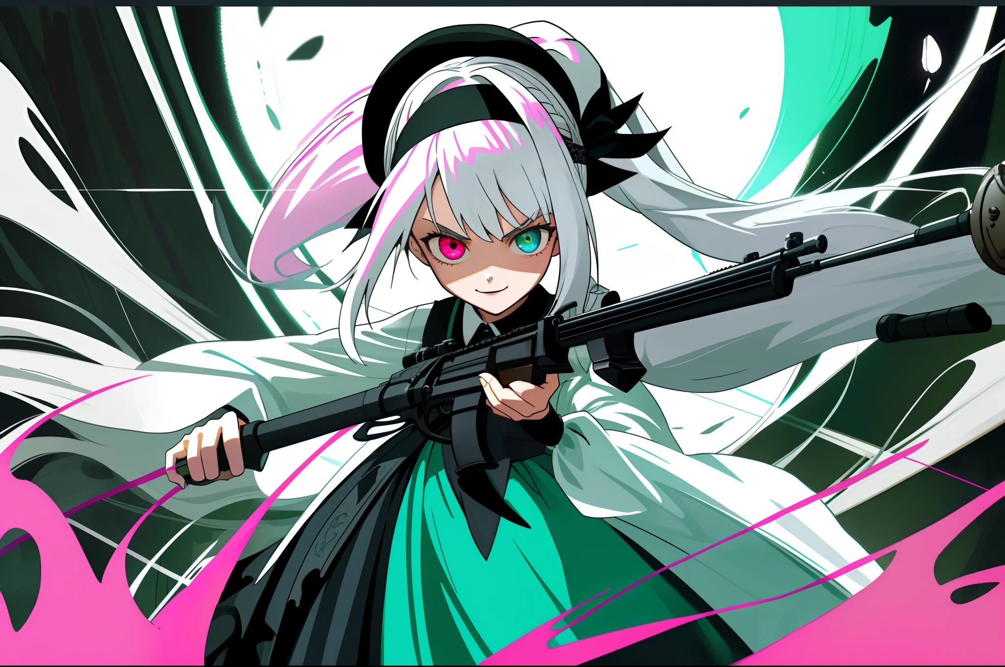 White color hair，teens girl，long whitr hair，Double ponytail hair，With a black headband，White European hat，Heterochromic eyes green and blue ，Gothic white black dress，Gothic loli，In the background is a pink room，Evil laughter，In his right hand, he held the handle of the Winchester M1866 gun，Dark Department，4K，Dingdall effect，Poster style