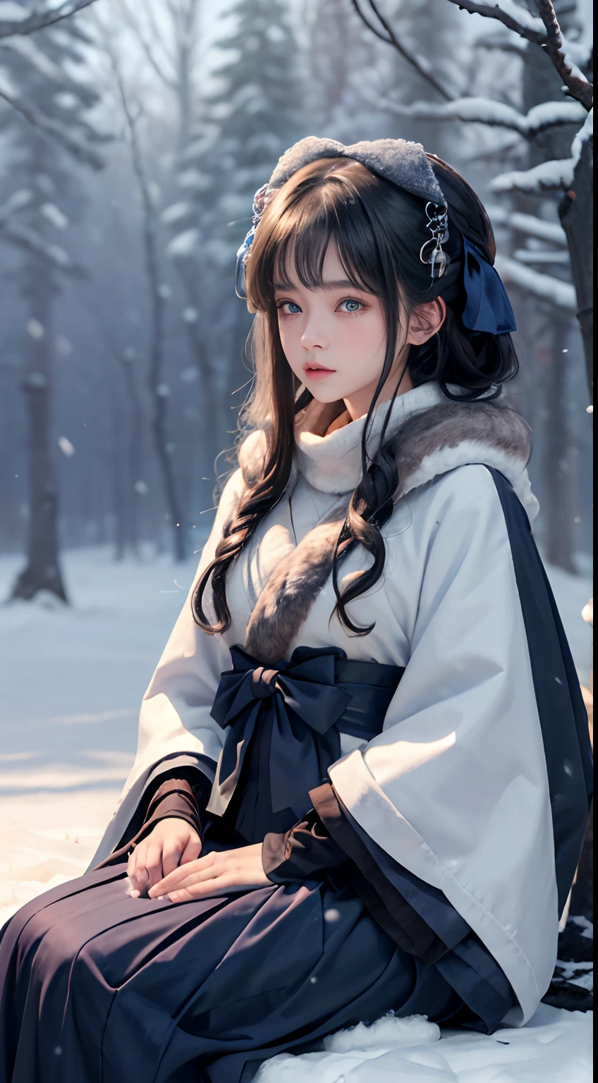 ((Works of masters))，(超A high resolution)，1 girl,Glowing eyes，Tears of sadness， Sitting, (Lolita costume)，cloaks (Oyuki, Cover with snow，Outdoor activities in winter:1.2),snow field，Blue eyes，The best quality illustrations，A meticulous face
