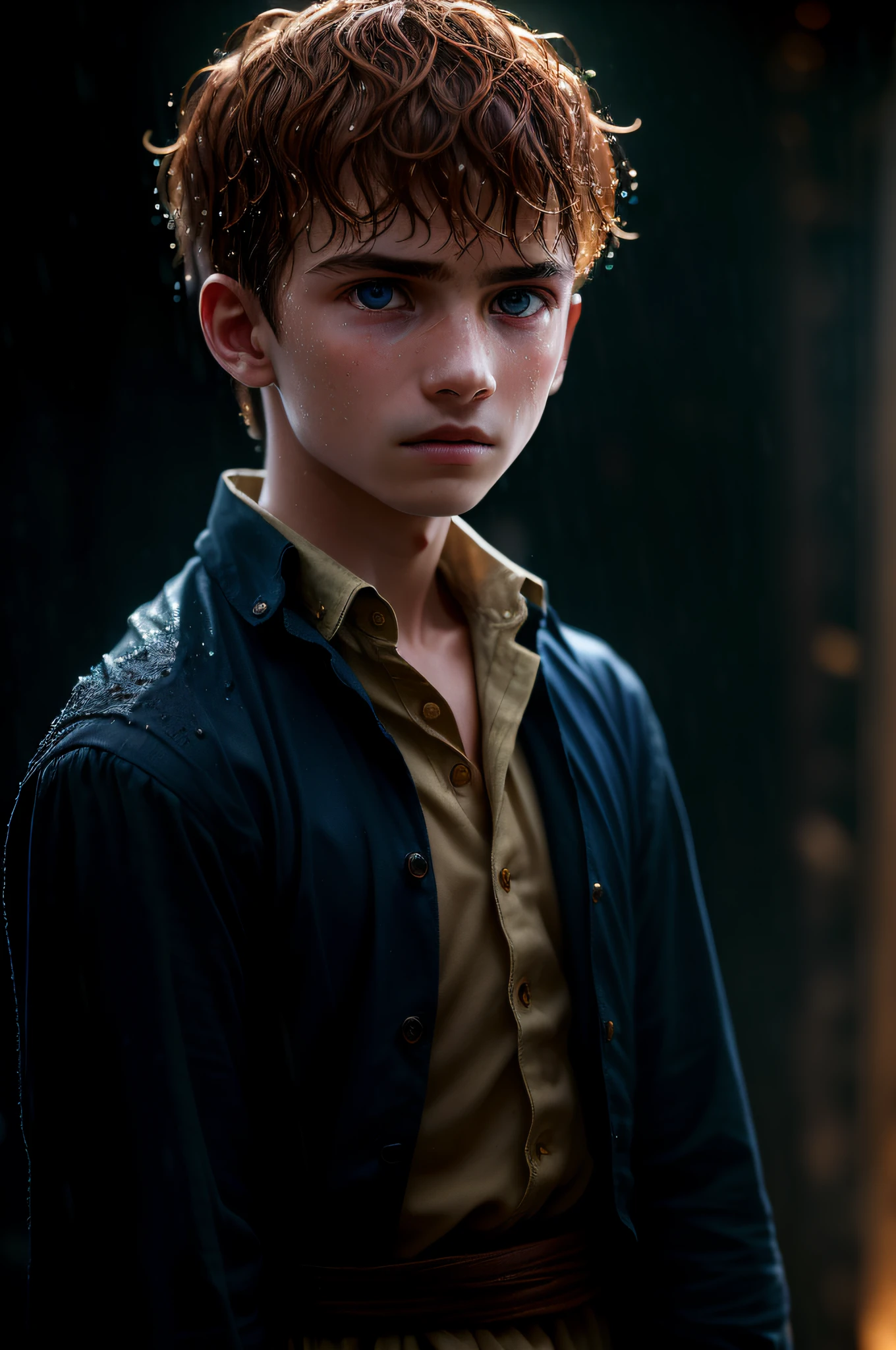 (sharp-focus:1.2), Award-winning photograph of a young peasant boy, water droplets, thunderstorm outside, lightning back lighting, , Extremely detailed skin, Sadness, hopelessness ,Clear Eyes, (deep-shadows:1.1), High contrast, Beautiful eyes, absurdress, 8K, (hiquality:1.3), , artstation hd, Concept art, detailed face and body, Award-winning photography, (moody lighting:1.2), Depth of field, bokeh, 4k, HDR