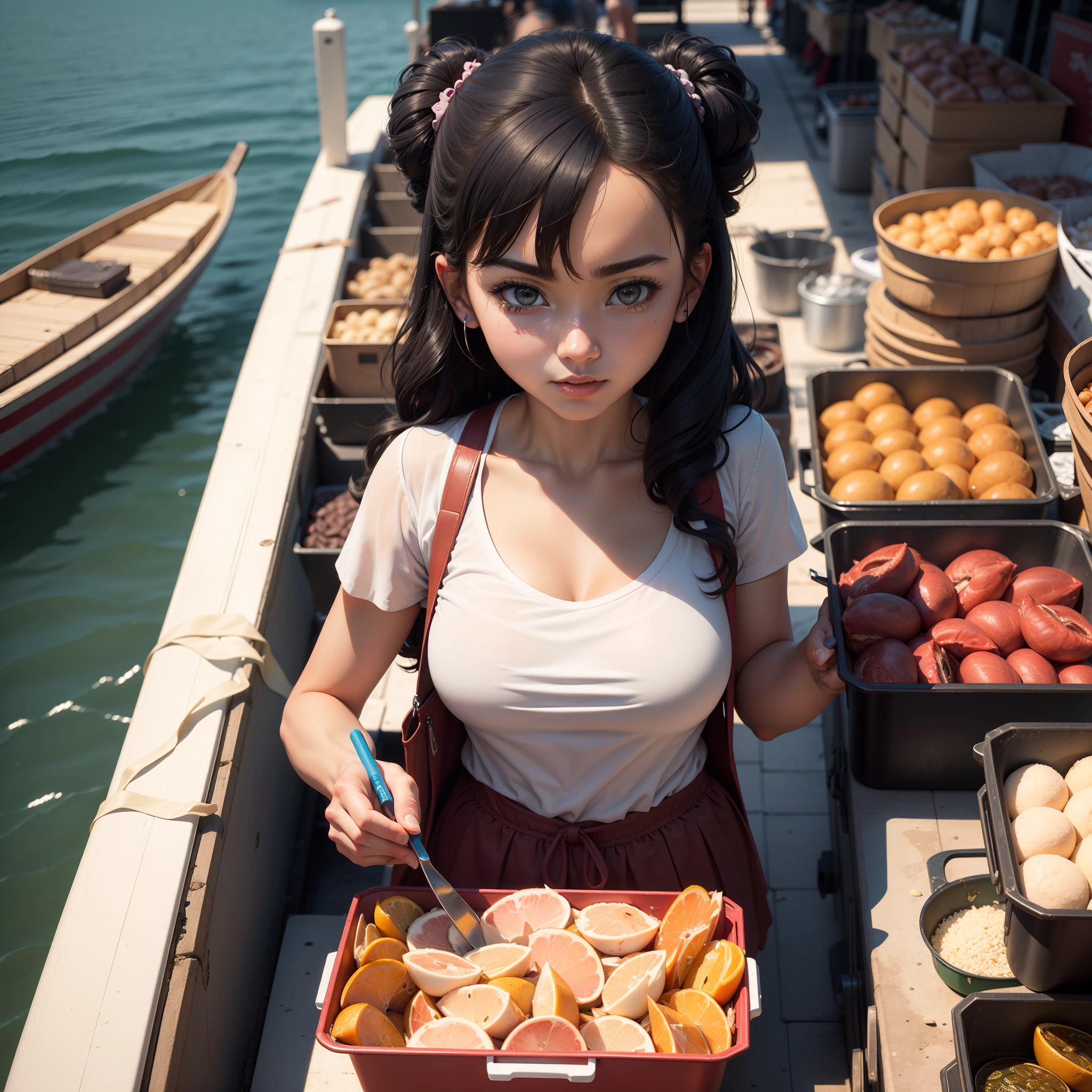 (A busty Malaysian woman, age 30, wearing a hijab and a crab themed bikini) waves a sign trying to get peoples attention for he Crab Shack diner she works at