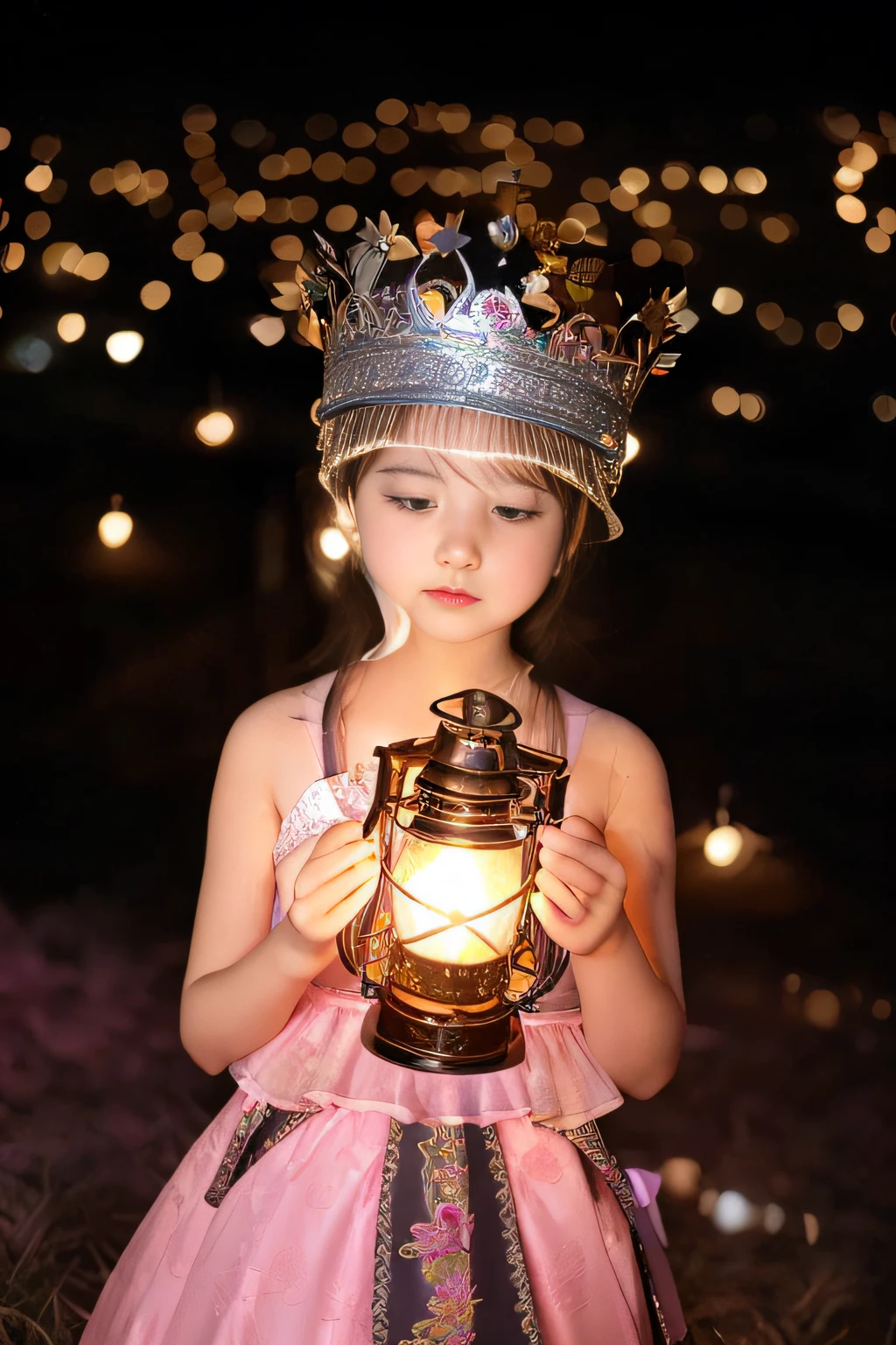 Aalfid girl in pink dress holding a lantern in the field, girl under lantern, Lantern Crown, holding a lantern, with crown, good lighted photo, warm lantern lighting, Female explorer mini cute girl, Lantern light, young goddess, fantasy gorgeous lighting, Chinese traditional, 4 8 0 p, 480p, lantern light besides