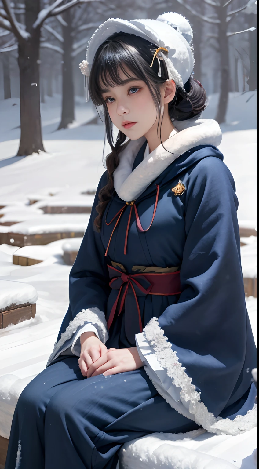 ((Works of masters))，(超A high resolution)，1 girl,Glowing eyes，Tears of sadness， Sitting, (Lolita costume)，cloaks (Oyuki, Cover with snow，Outdoor activities in winter:1.2),snow field，Blue eyes，The best quality illustrations，A meticulous face