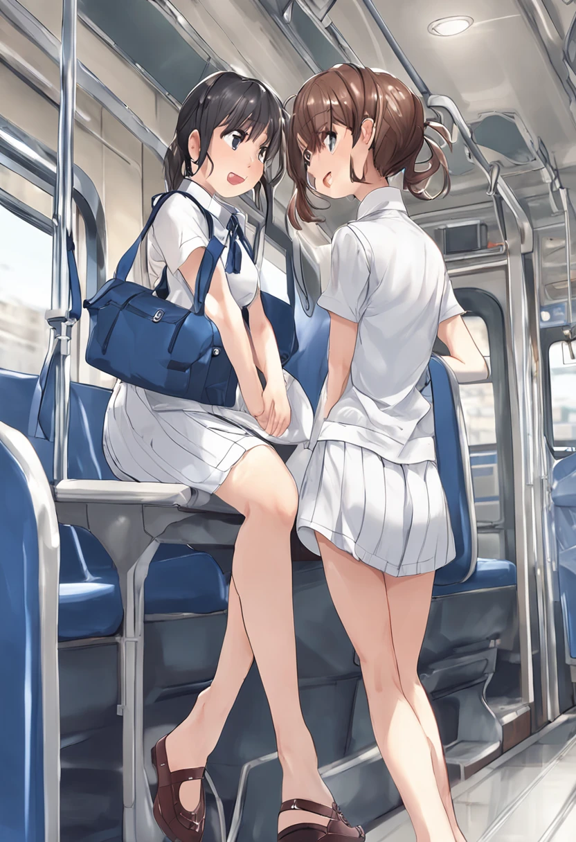 8K resolution, ultra-realistic, ultra-detailed, high quality, (2girls:1.1), sitting at seat, on the train, school uniform, a school bag, shirt, (from below:1.2), 1girl looking over her shoulder,1 girl, beautiful Japan woman, thin wess, (sticking out the buttocks: 1.2), Fine face, short hair, (gigantic breasts, cleavage:1.2),(swimming race suit:1.3), (cameltoe),cute,kawaii,wet,from behind, backshot,, 1girl looking over her shoulder,gravure idol, korean idol, nogizaka idol