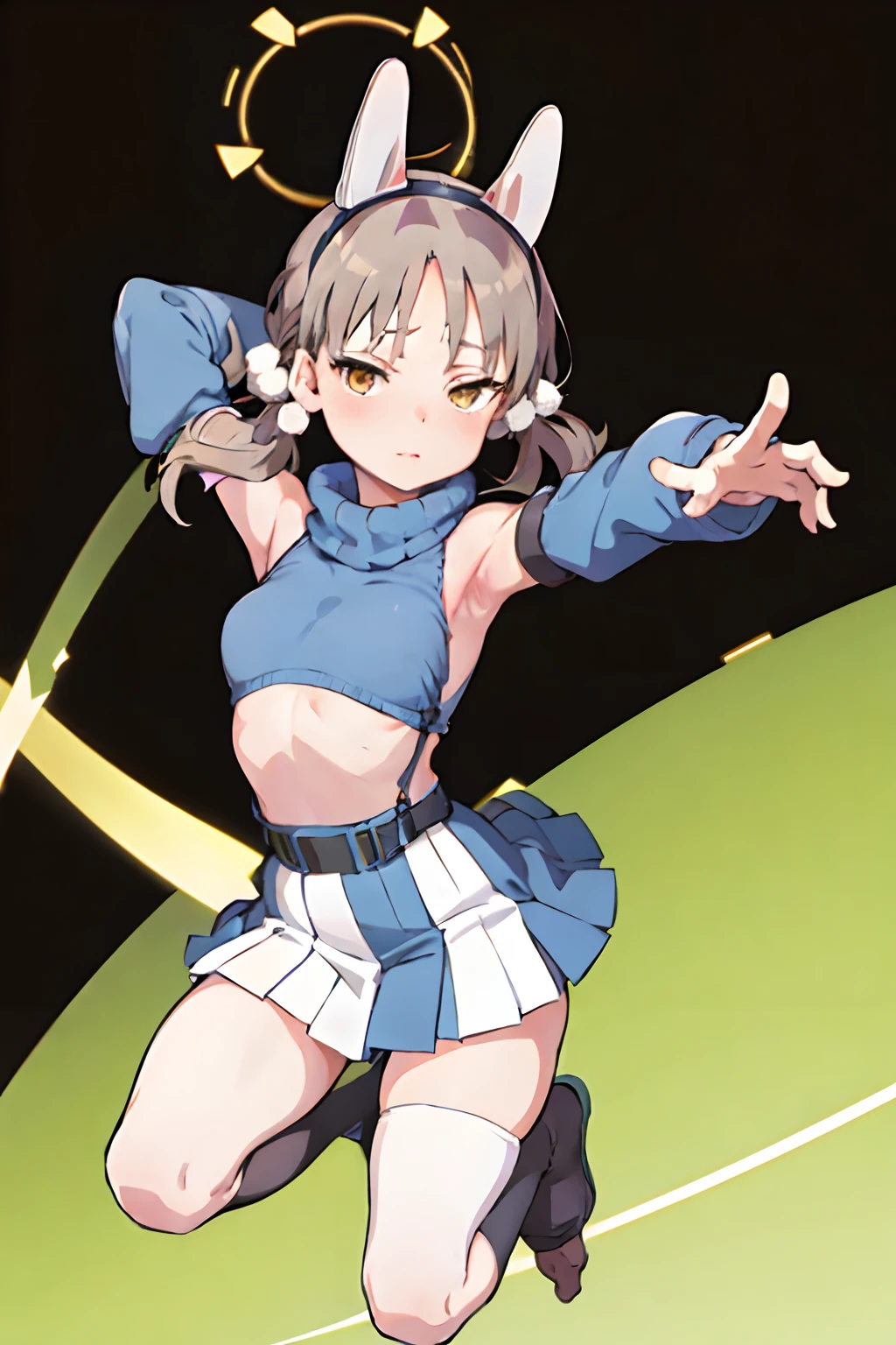 kazekuramoe, (nude), (presenting armpit), (detached sleeves), Knee High Sock, (simple background)