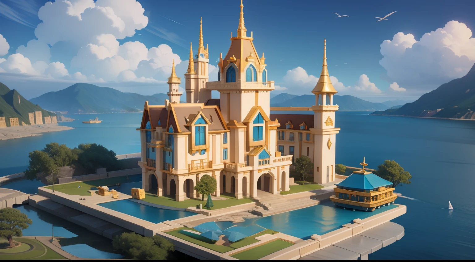 Waterfront architecture, tabletop model buildings,Autonomous architecture， Golden villa, an extremely detailed building, high detal,  fantasy house， Isometric house, Animation style，Heads-up view，Disney  style，